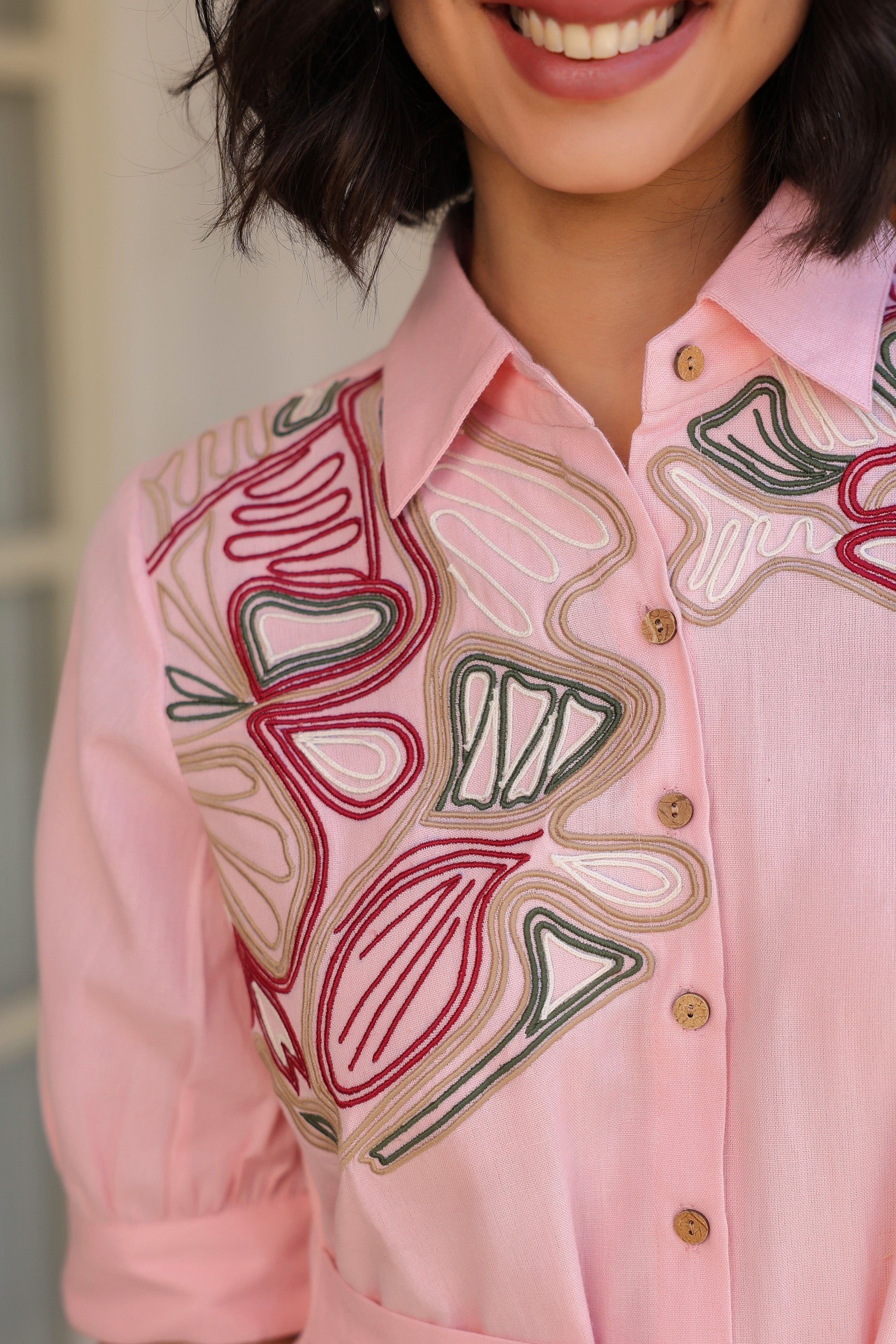 Pink Sand Shirt Dress with Embroidery