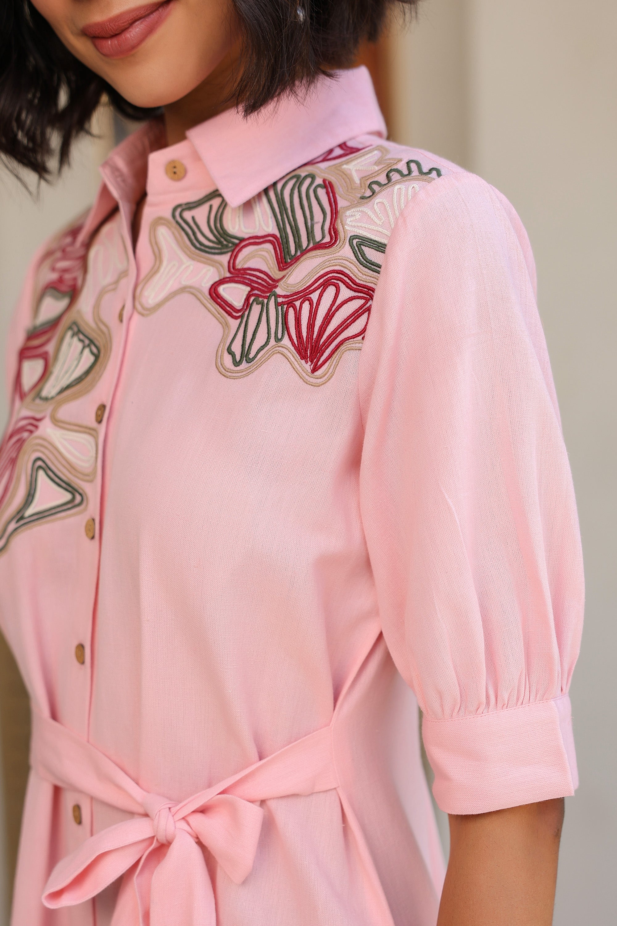 Pink Sand Shirt Dress with Embroidery