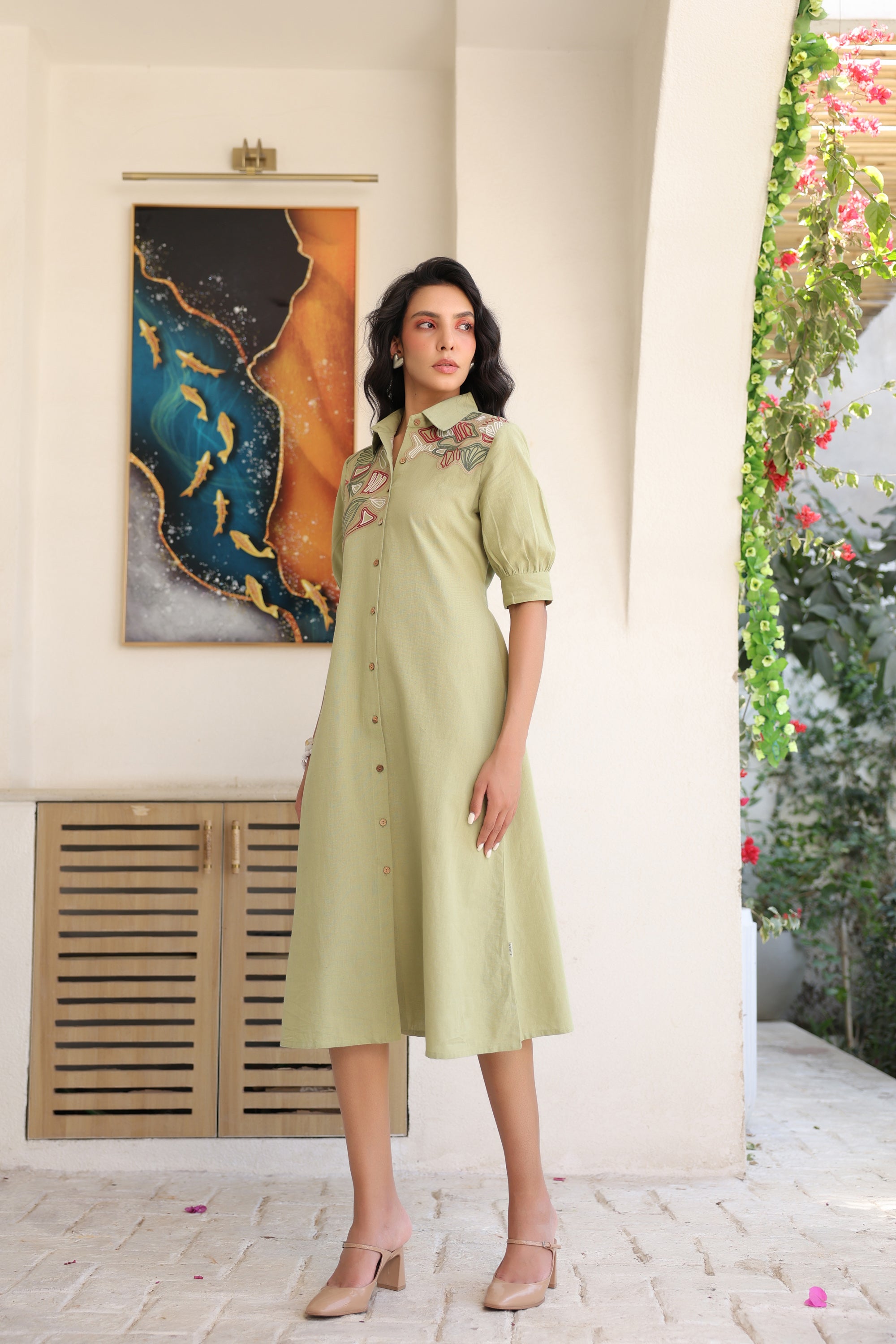 Sage Sand Shirt Dress with Embroidery
