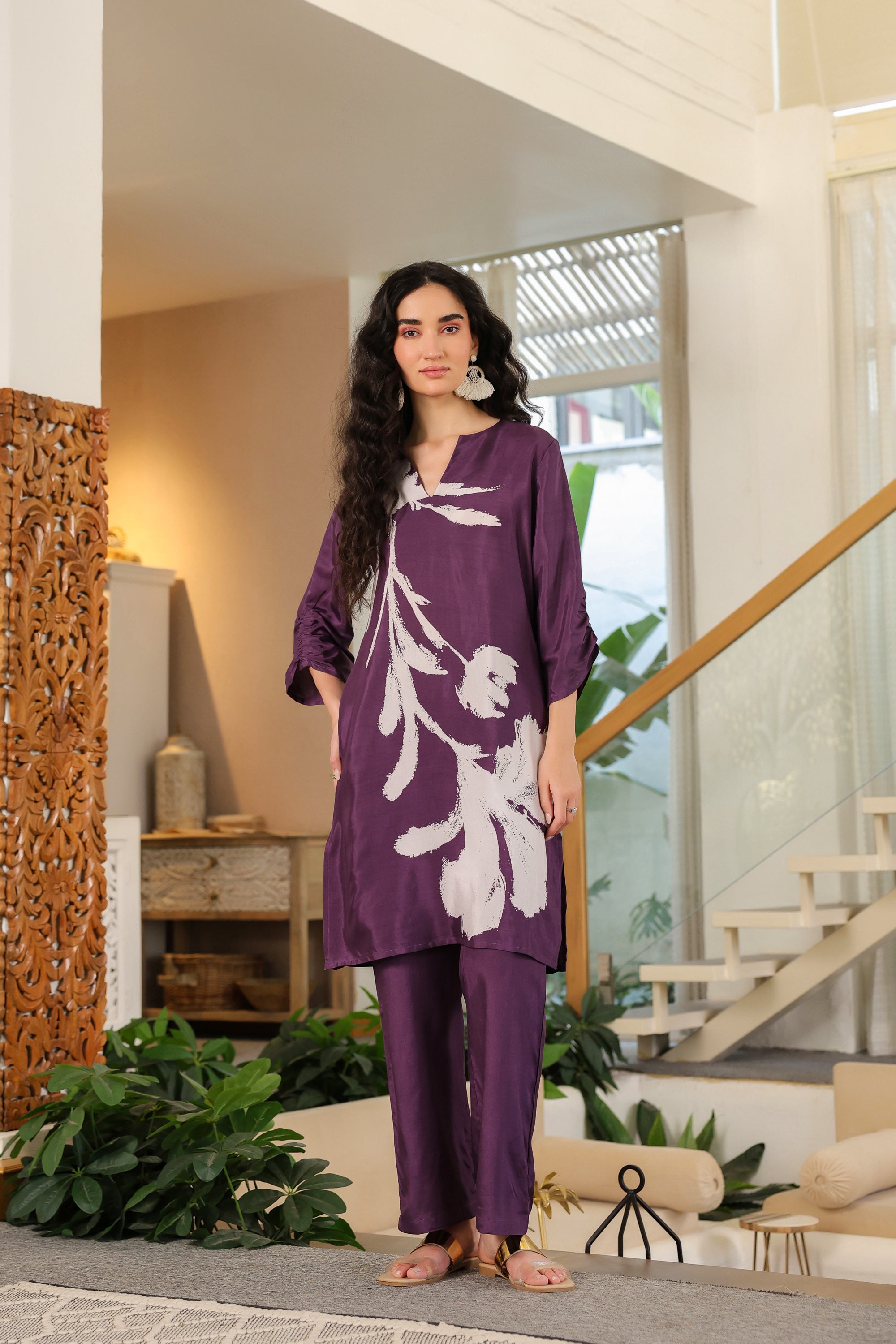 Purple Floral Russian Silk Co-ord Set