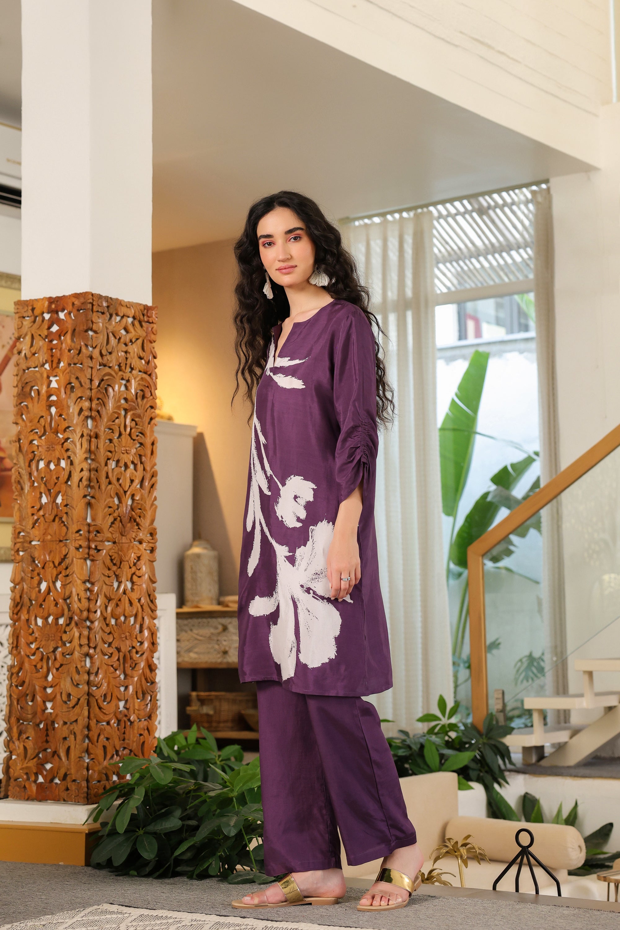 Purple Floral Russian Silk Co-ord Set