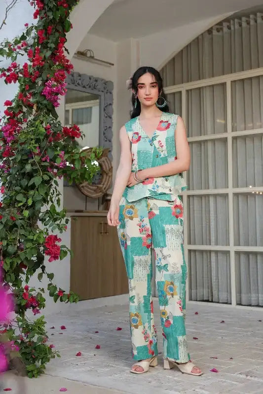 Floral Whispers Green Cotton Flex Co-ord Set