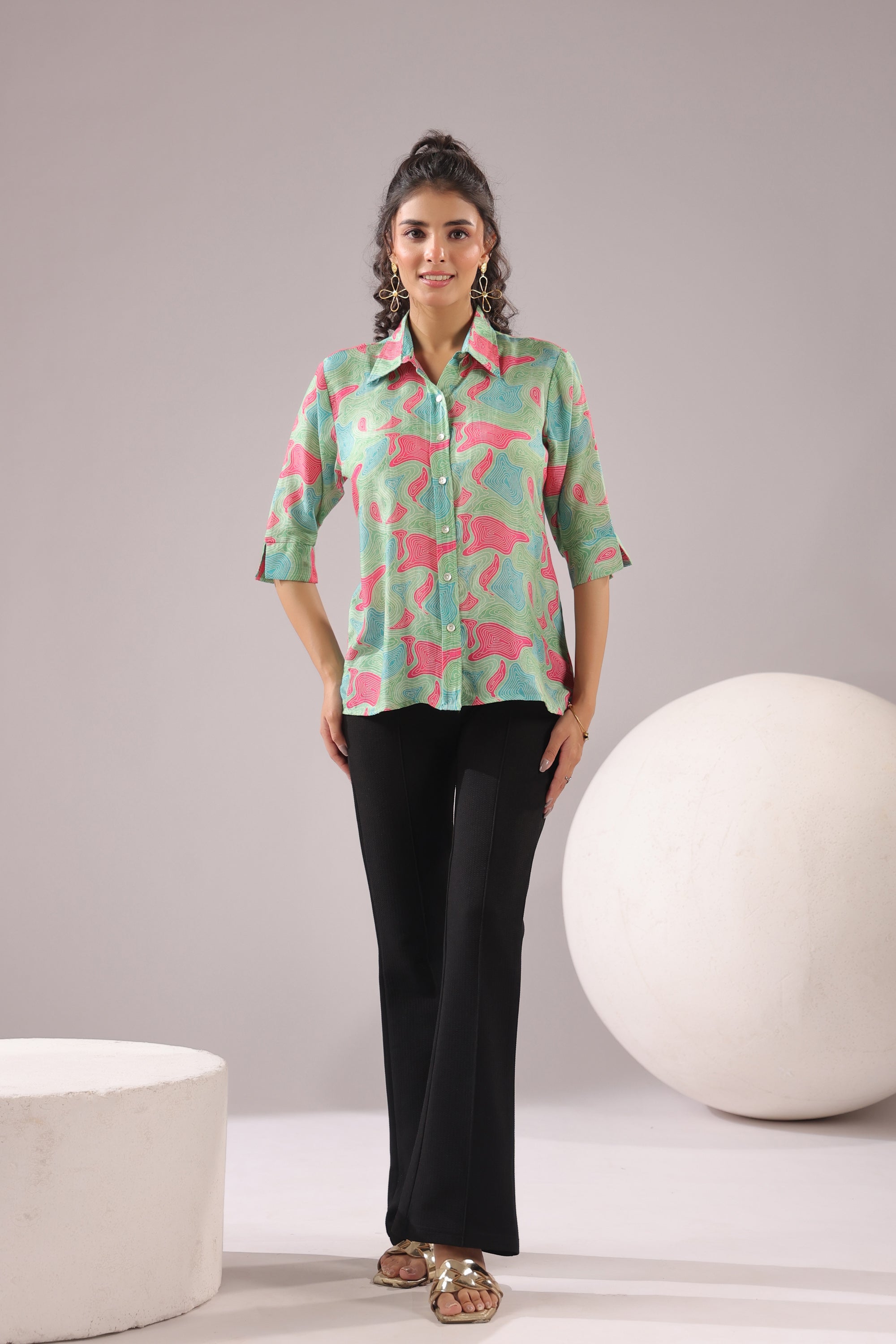 Mint Maze Printed Muslin Silk Shirt