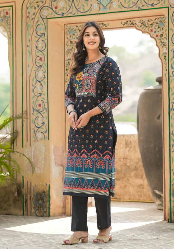 Classic Black Ethnic Printed Kurta Pant Set with Dupatta