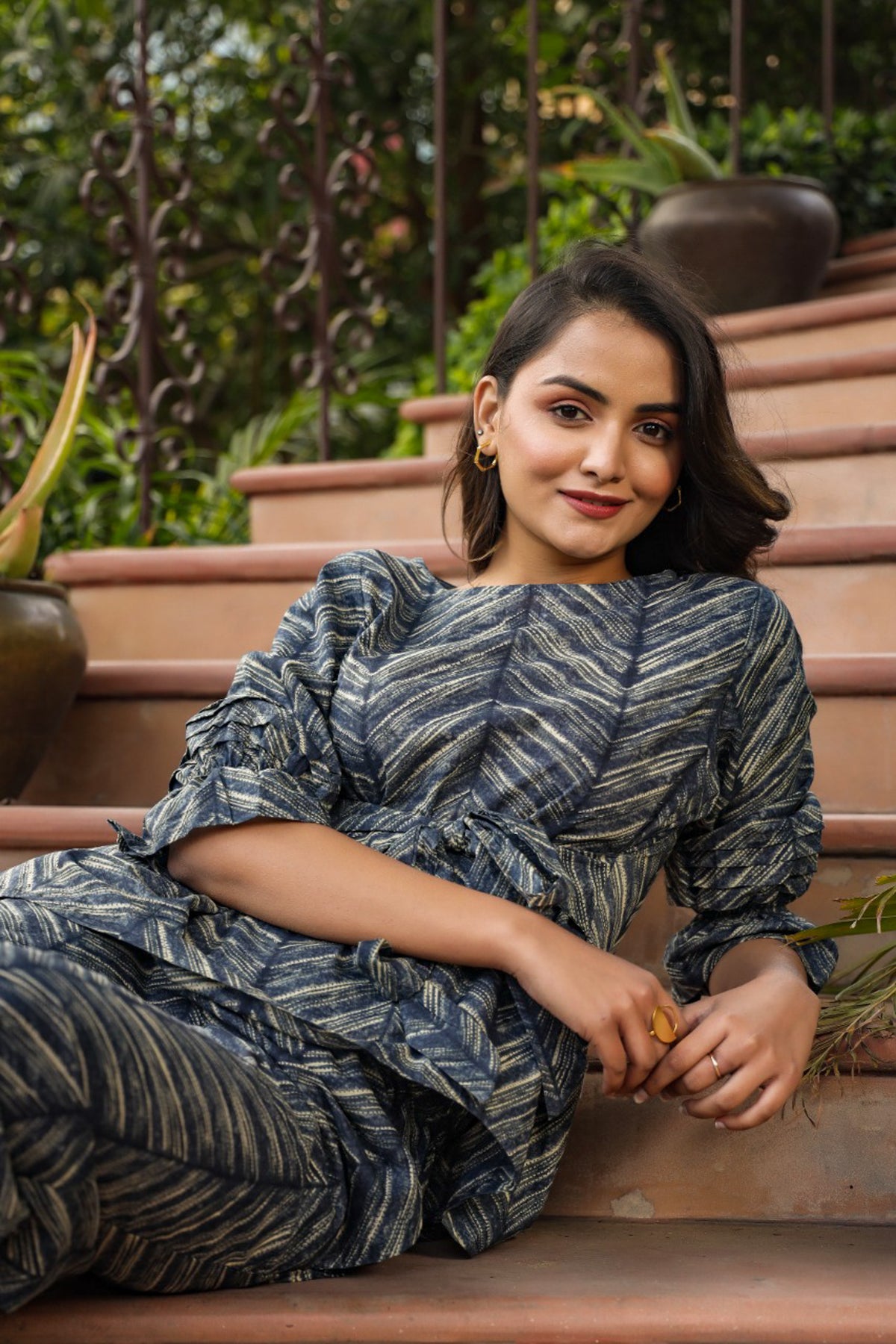 Patterned Shibori front knot on Blue Cotton Co-ord Set