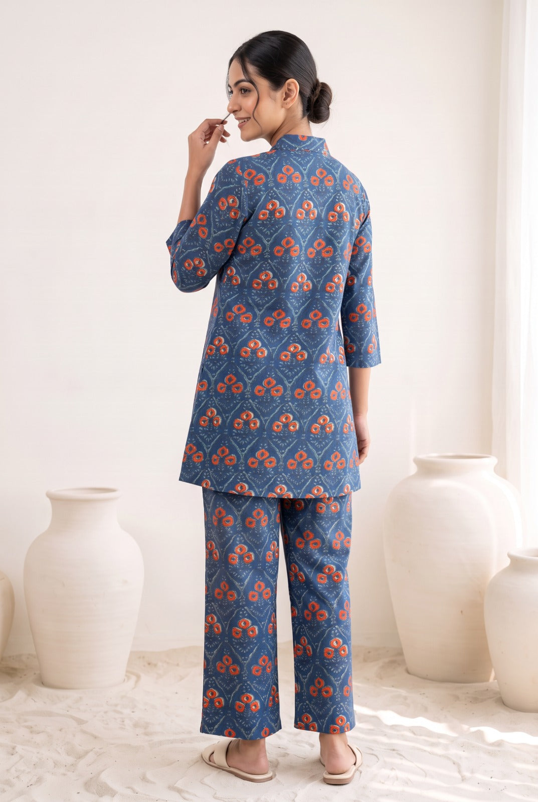 Indigo Floral Print Front Pleat Cotton Co-ord Set