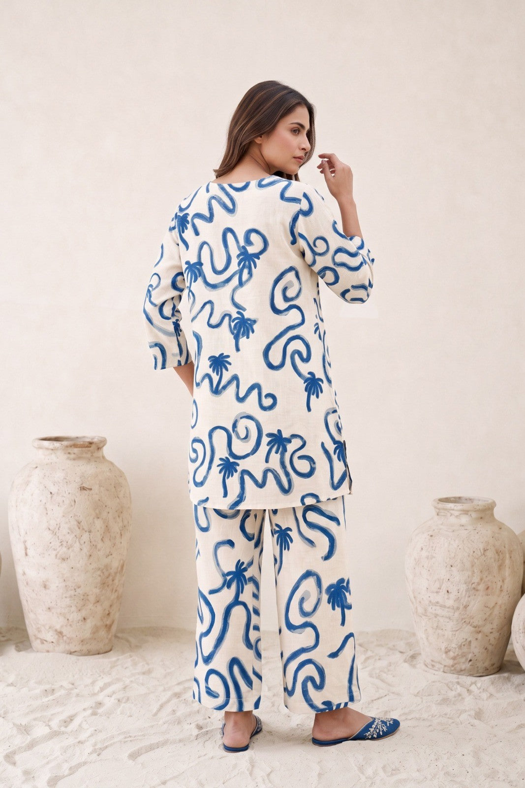 Off White Blue Wave Print Cotton Flex Co-ord Set