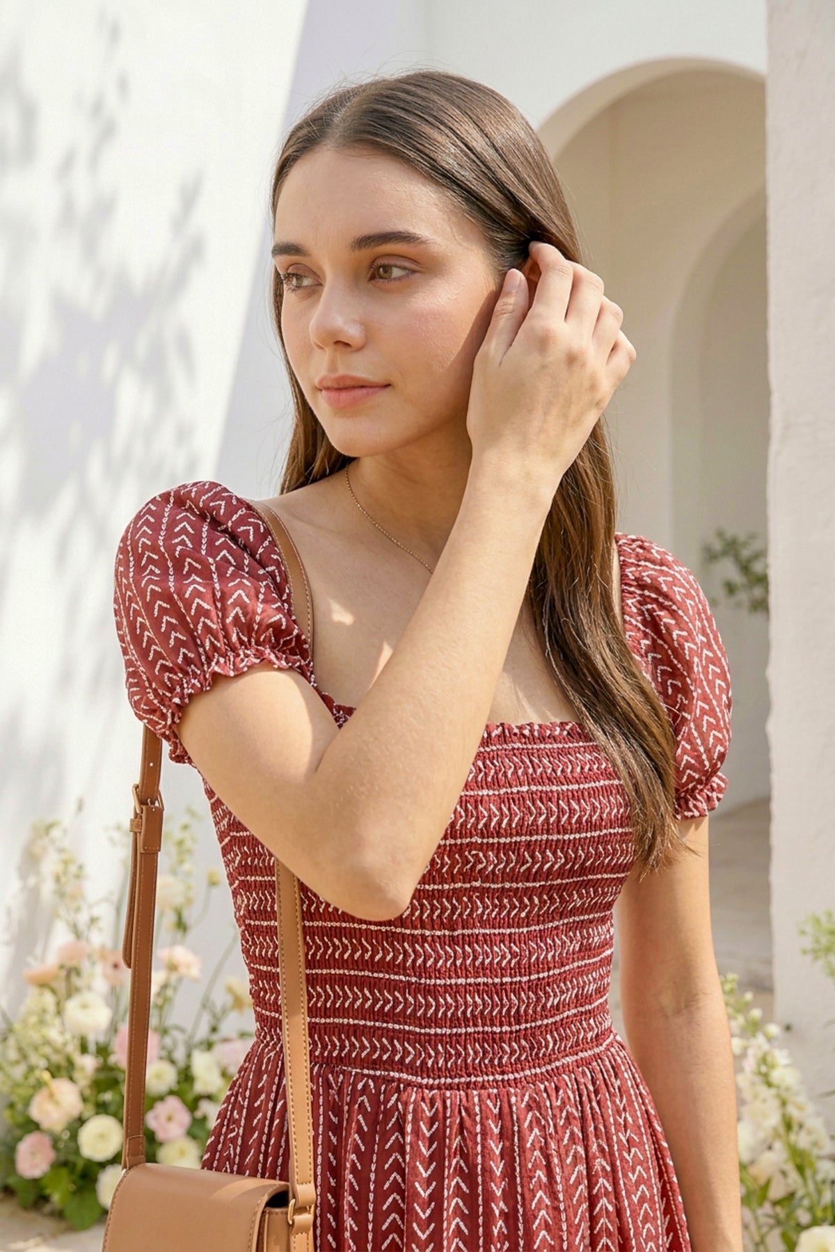 Geometric Arrows on Maroon Silk Midi Dress
