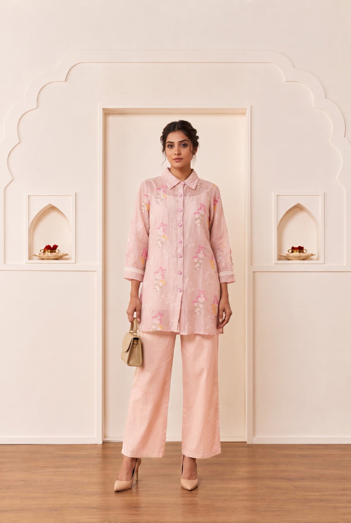 Beige Garden Floral Mul chanderi Co-Ord Set
