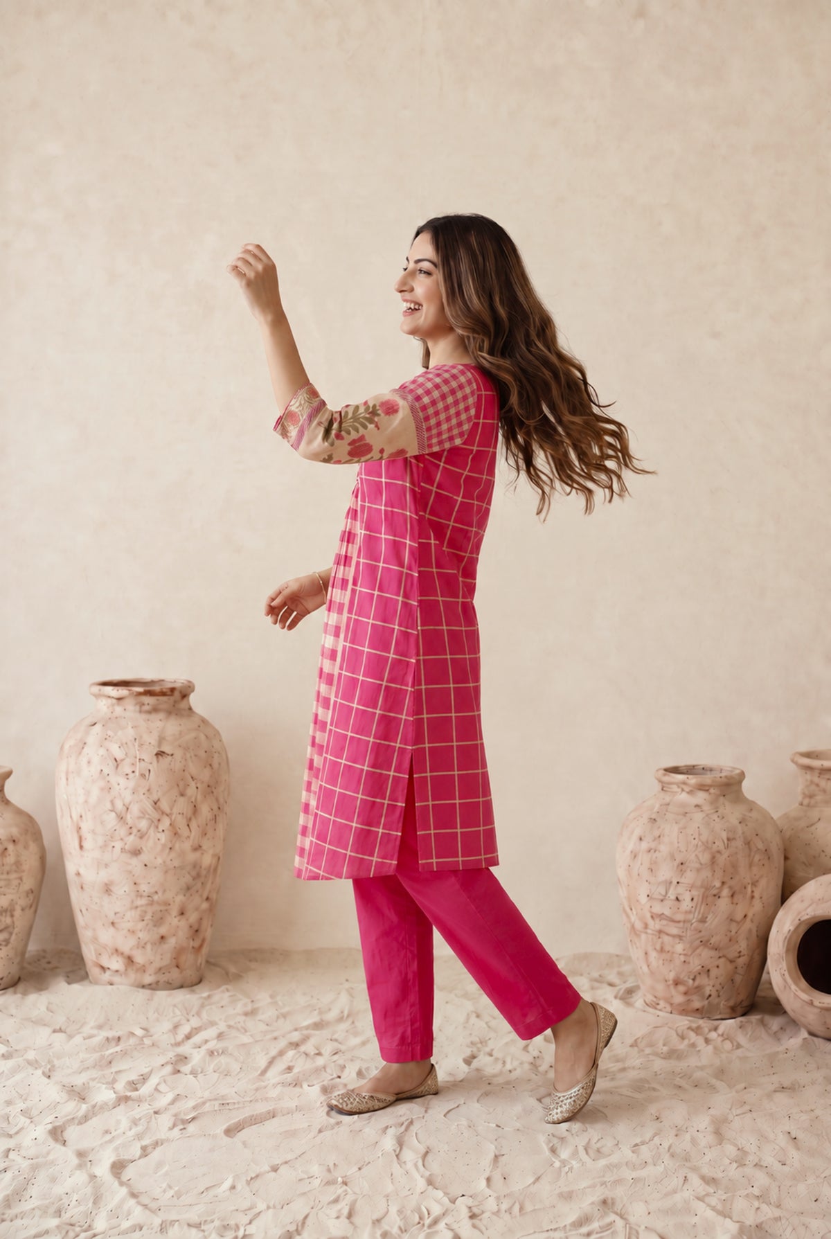 Fuchsia Pink Mul Cotton Printed Sleeve Co-ord Set