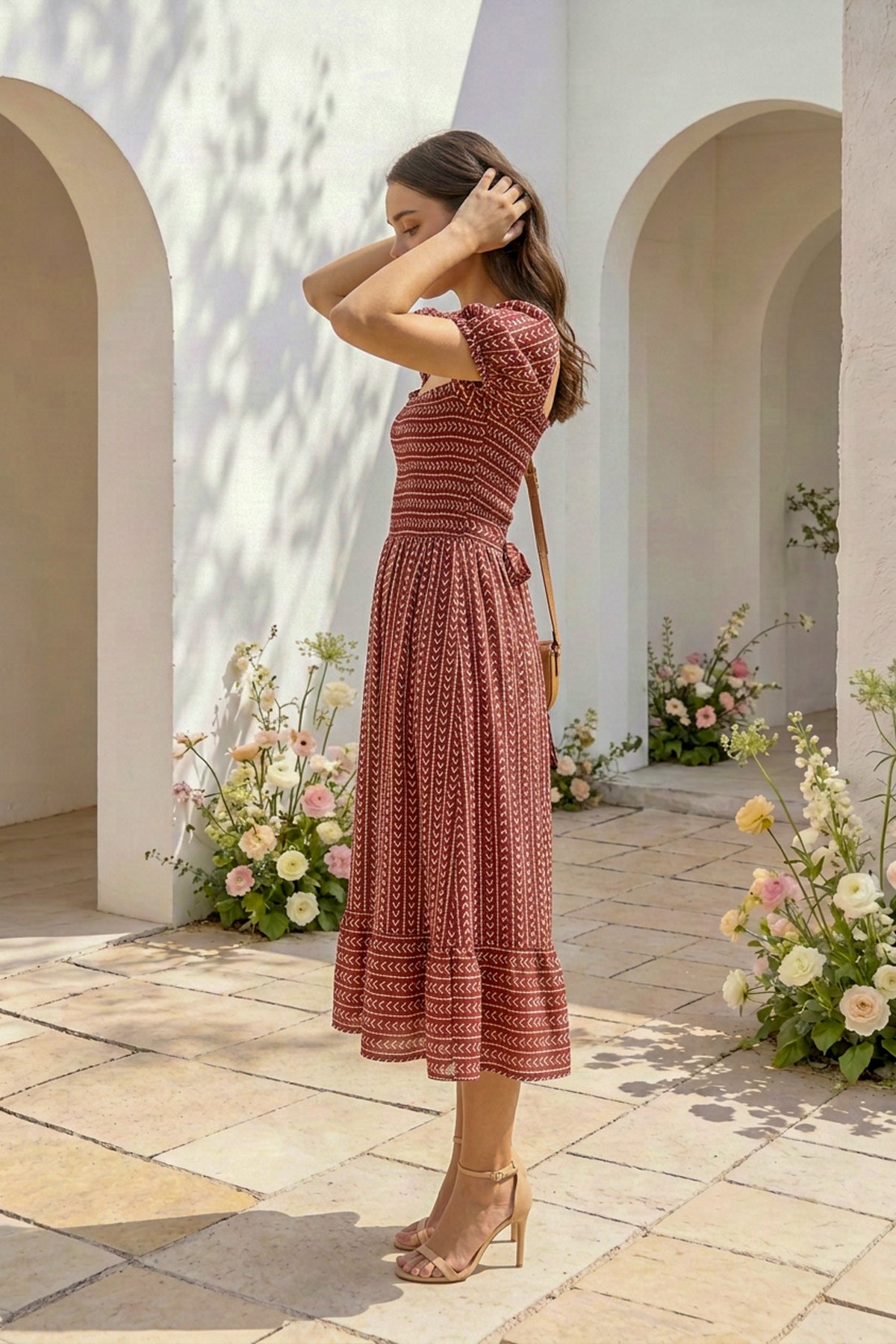 Geometric Arrows on Maroon Silk Midi Dress