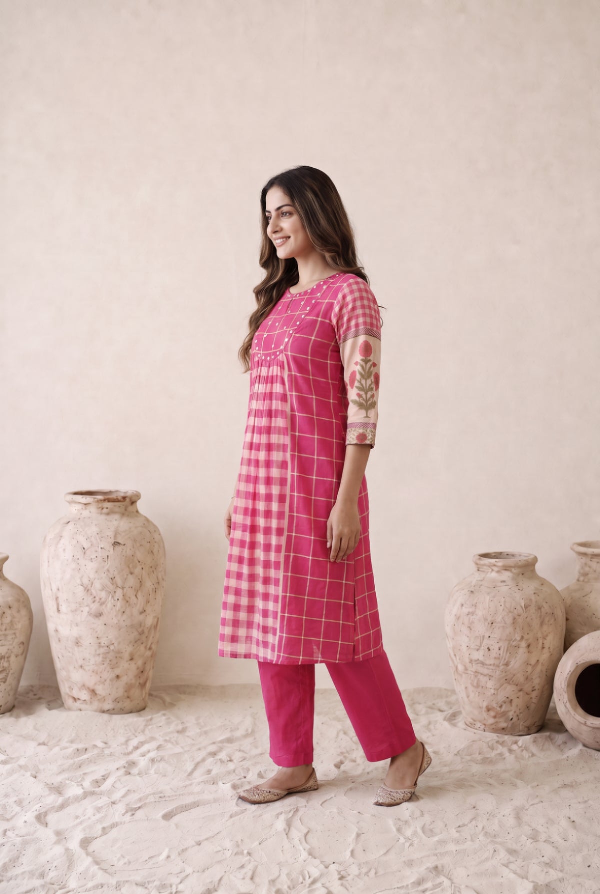 Fuchsia Pink Mul Cotton Printed Sleeve Co-ord Set