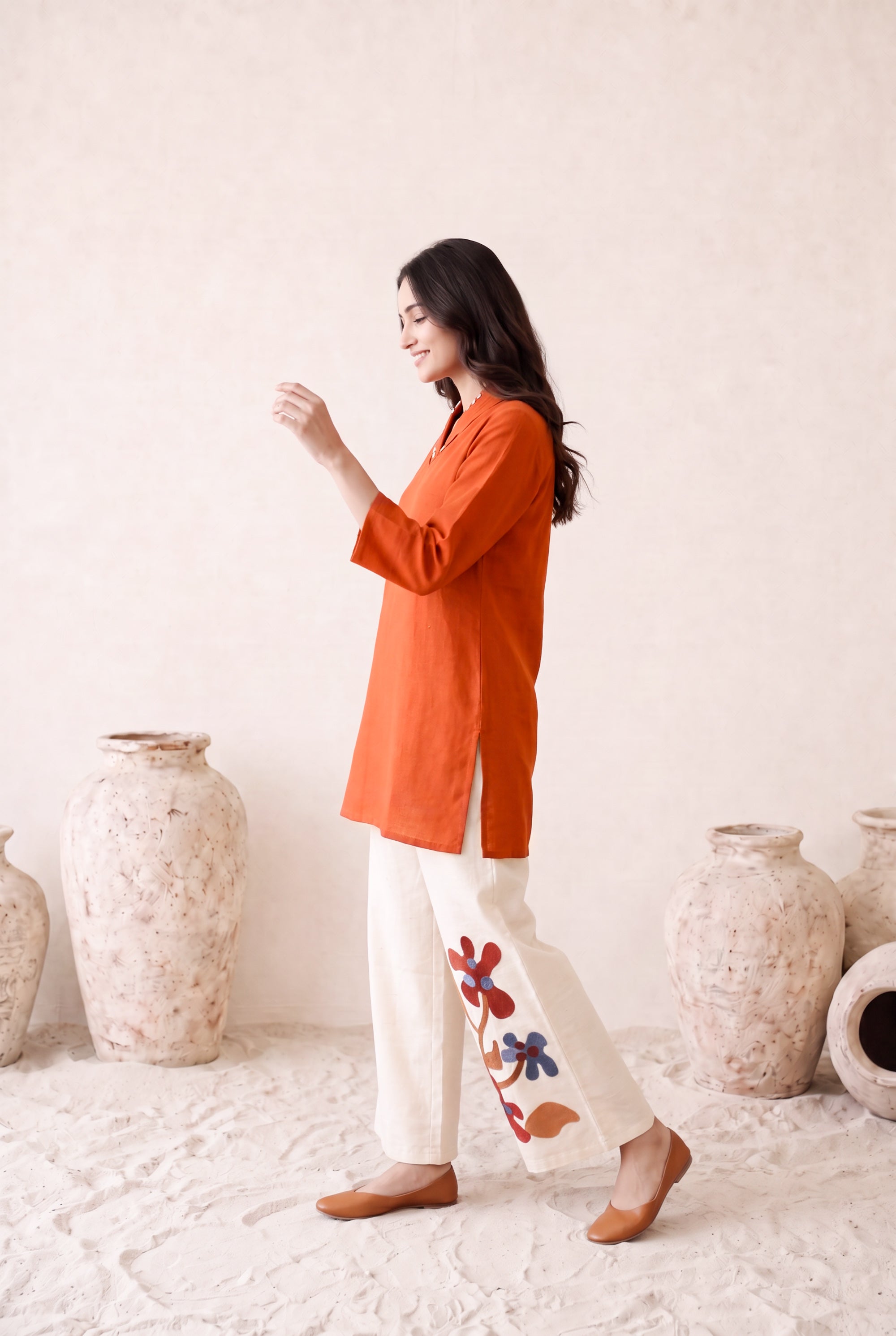 Rust Solid Kurta with Floral Embroidered Cotton Co-ord Set