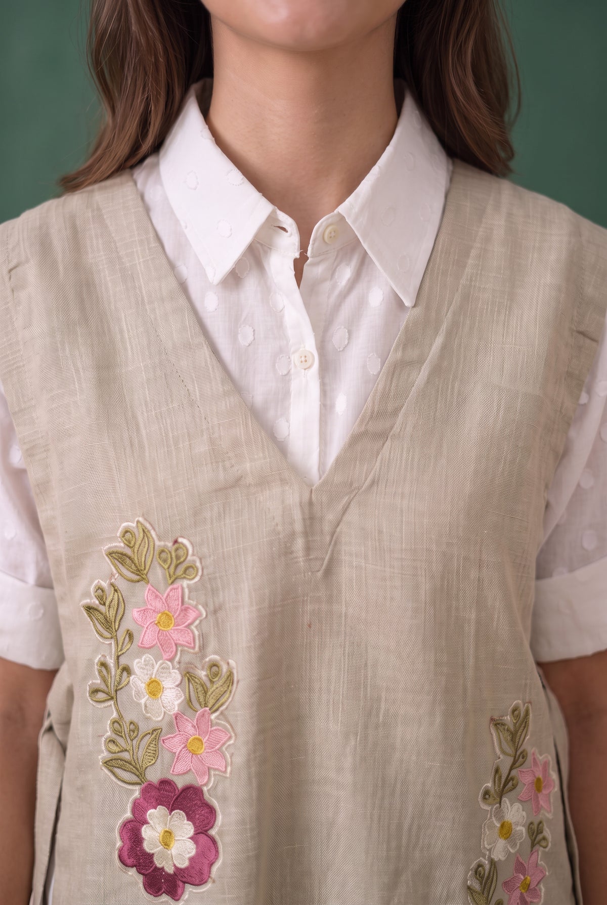 Beige Floral Embroidered Cotton Three-Piece Set
