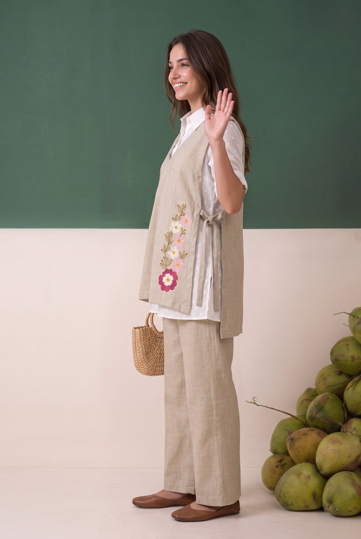 Beige Floral Embroidered Cotton Three-Piece Set