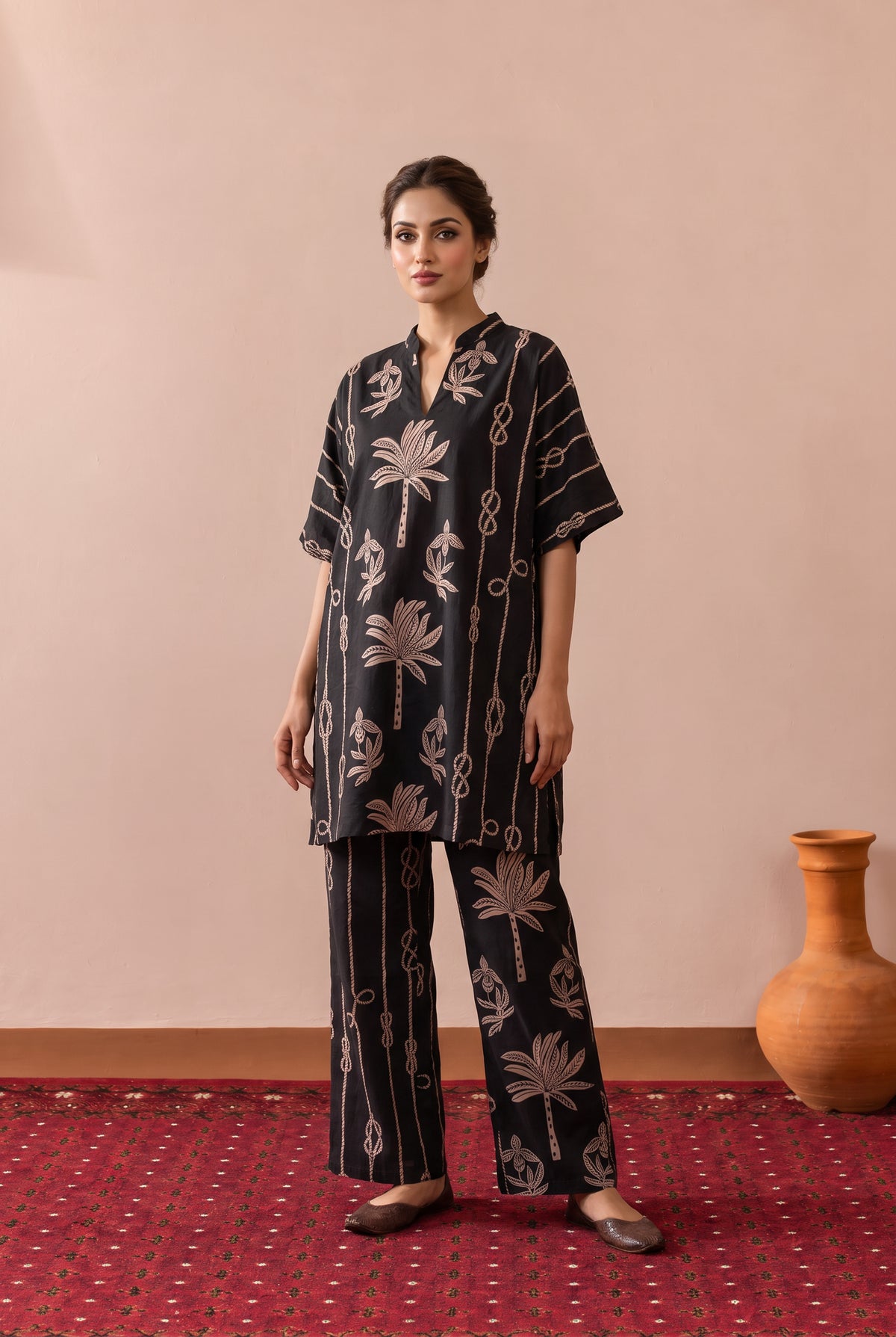 Black Palm Trail Leaf Printed Cotton Co-ord Set