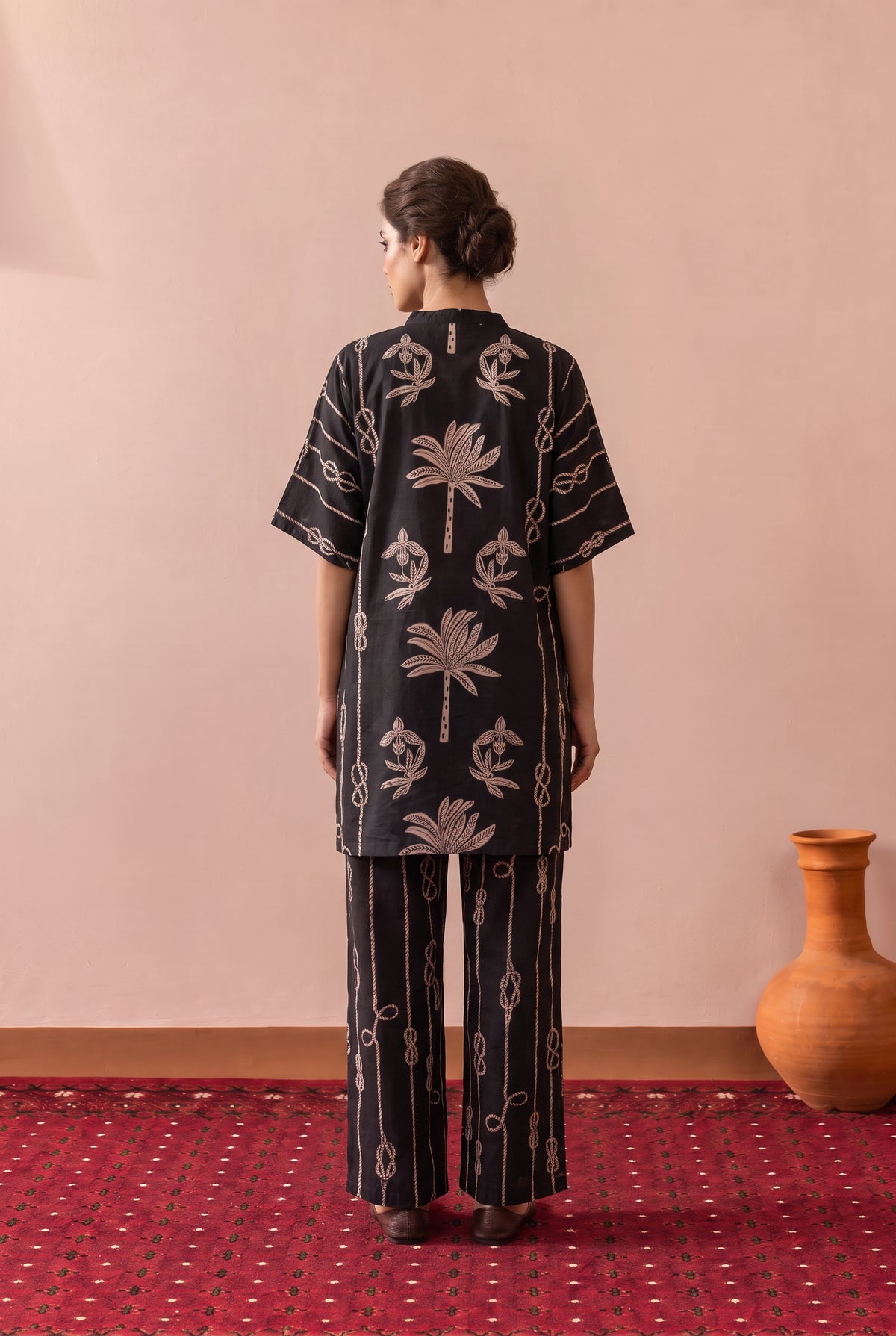 Black Palm Trail Leaf Printed Cotton Co-ord Set