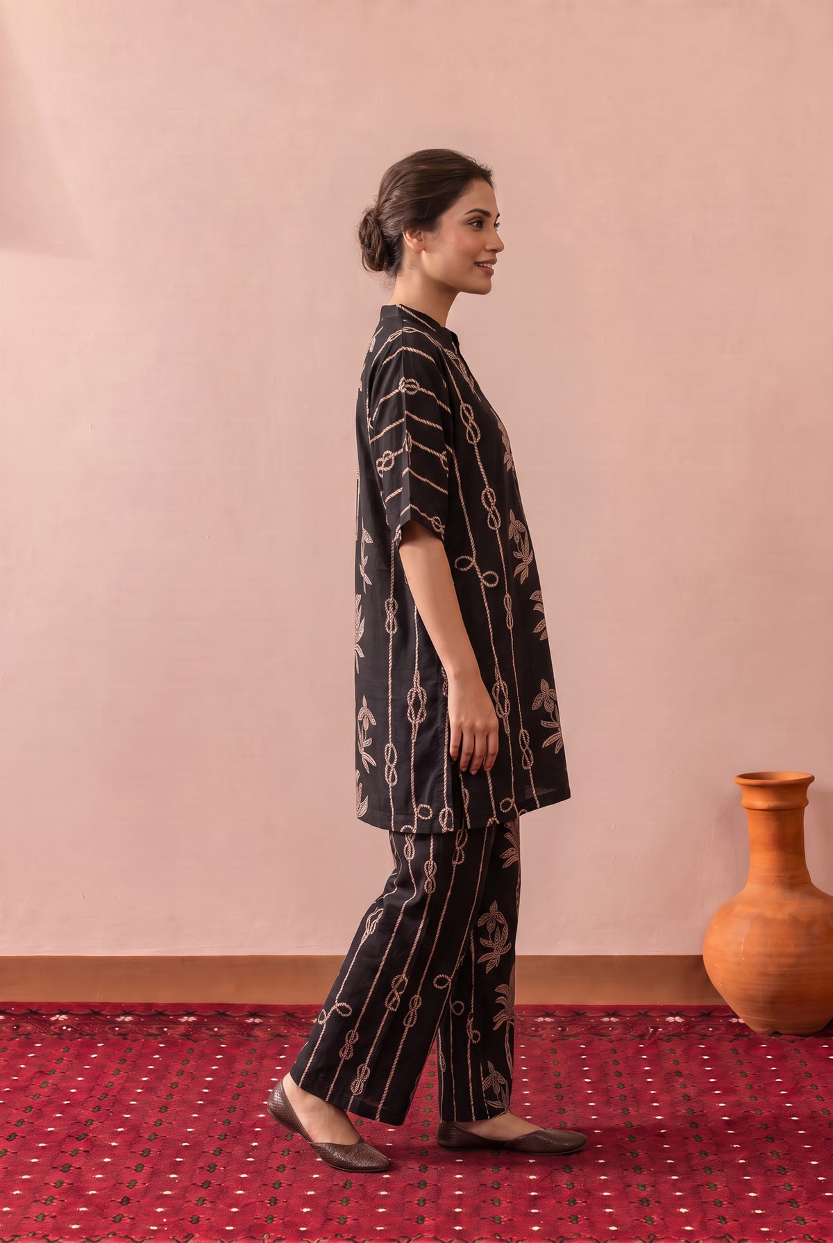 Black Palm Trail Leaf Printed Cotton Co-ord Set