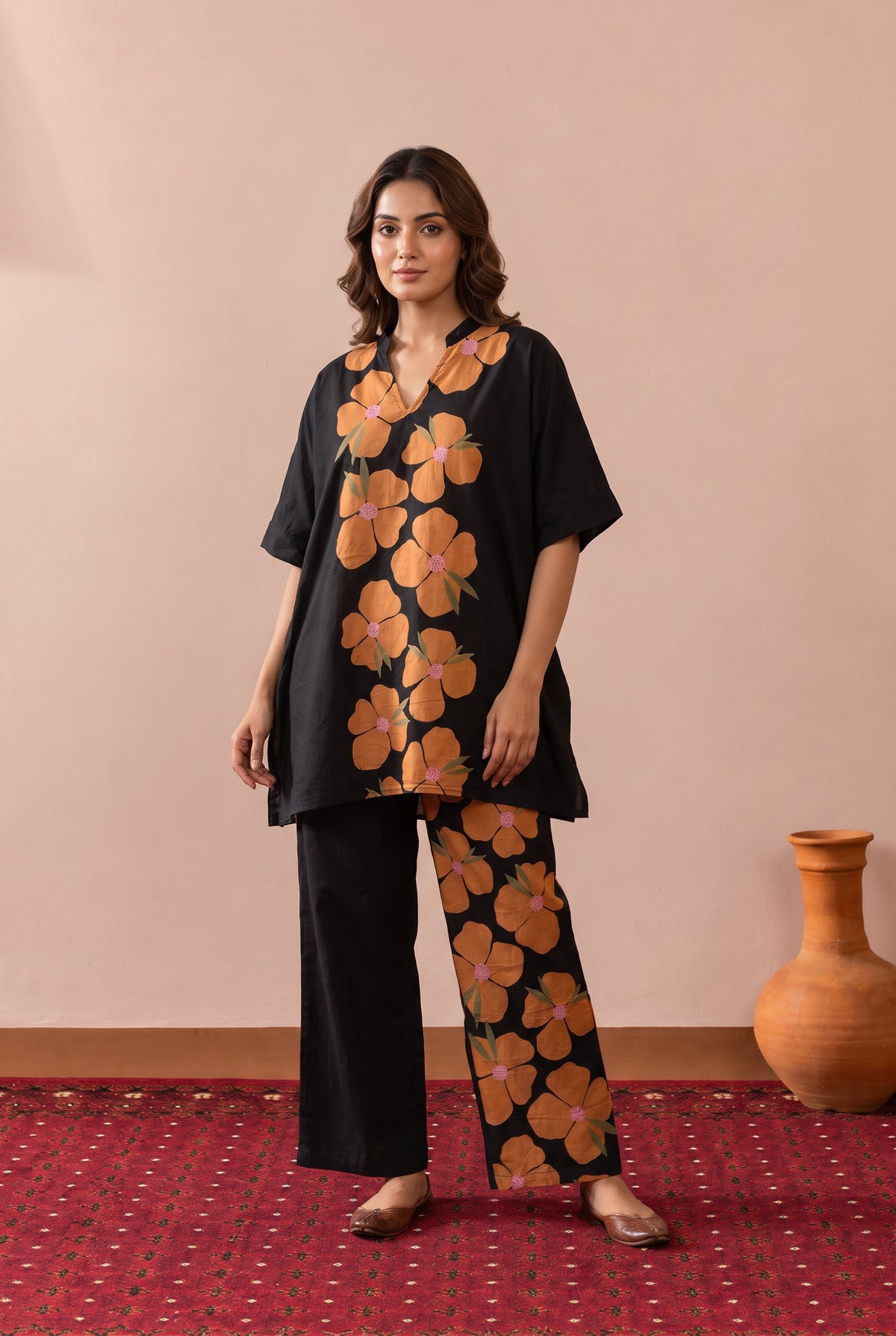 Black Poppy Floral Statement Printed Cotton Co-ord Set