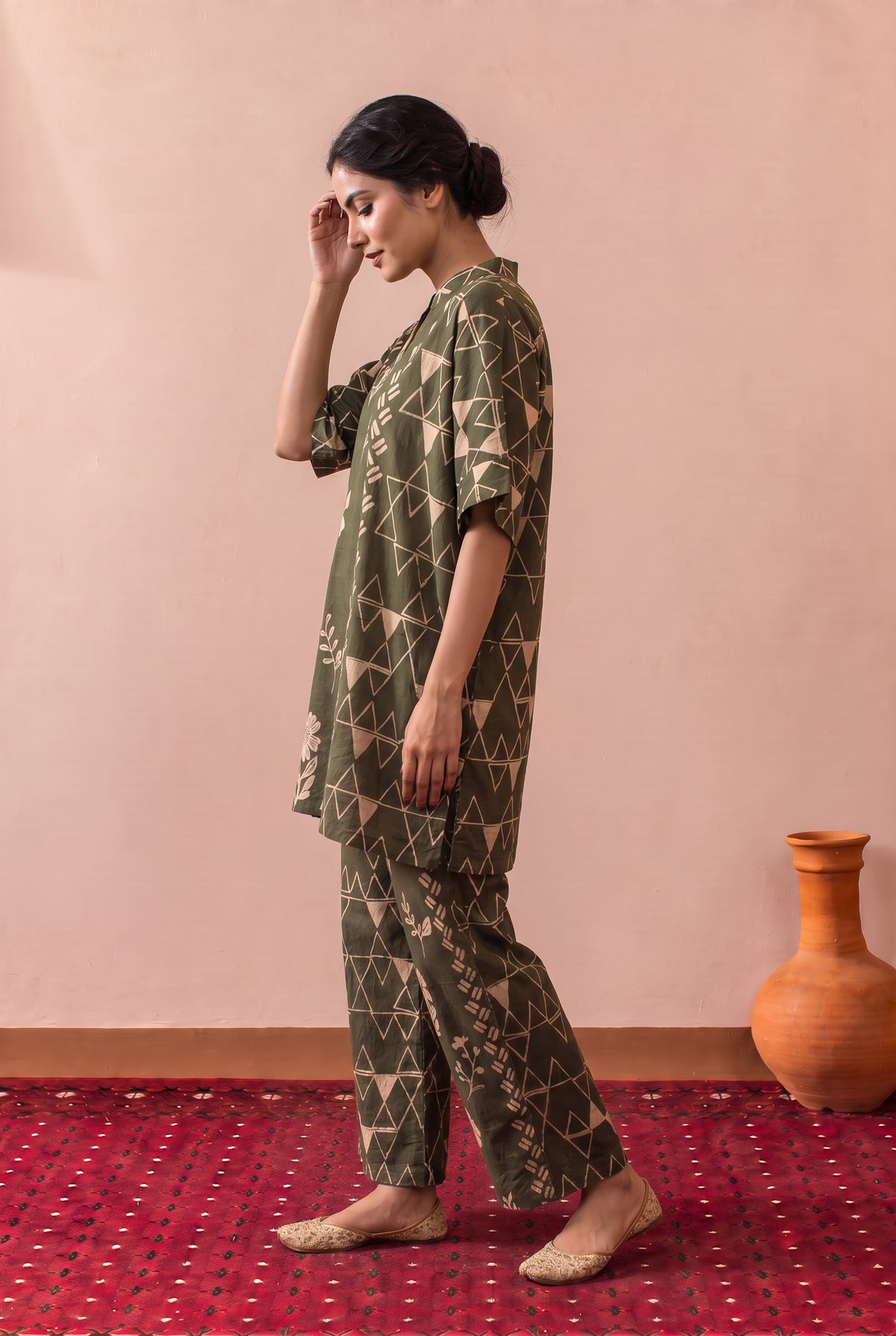 Olive Green Muse Floral Geometry Printed Cotton Co-ord Set