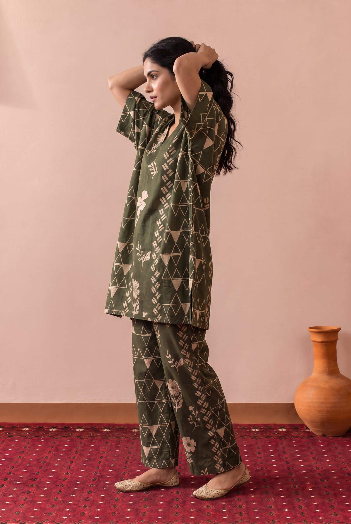 Olive Green Muse Floral Geometry Printed Cotton Co-ord Set