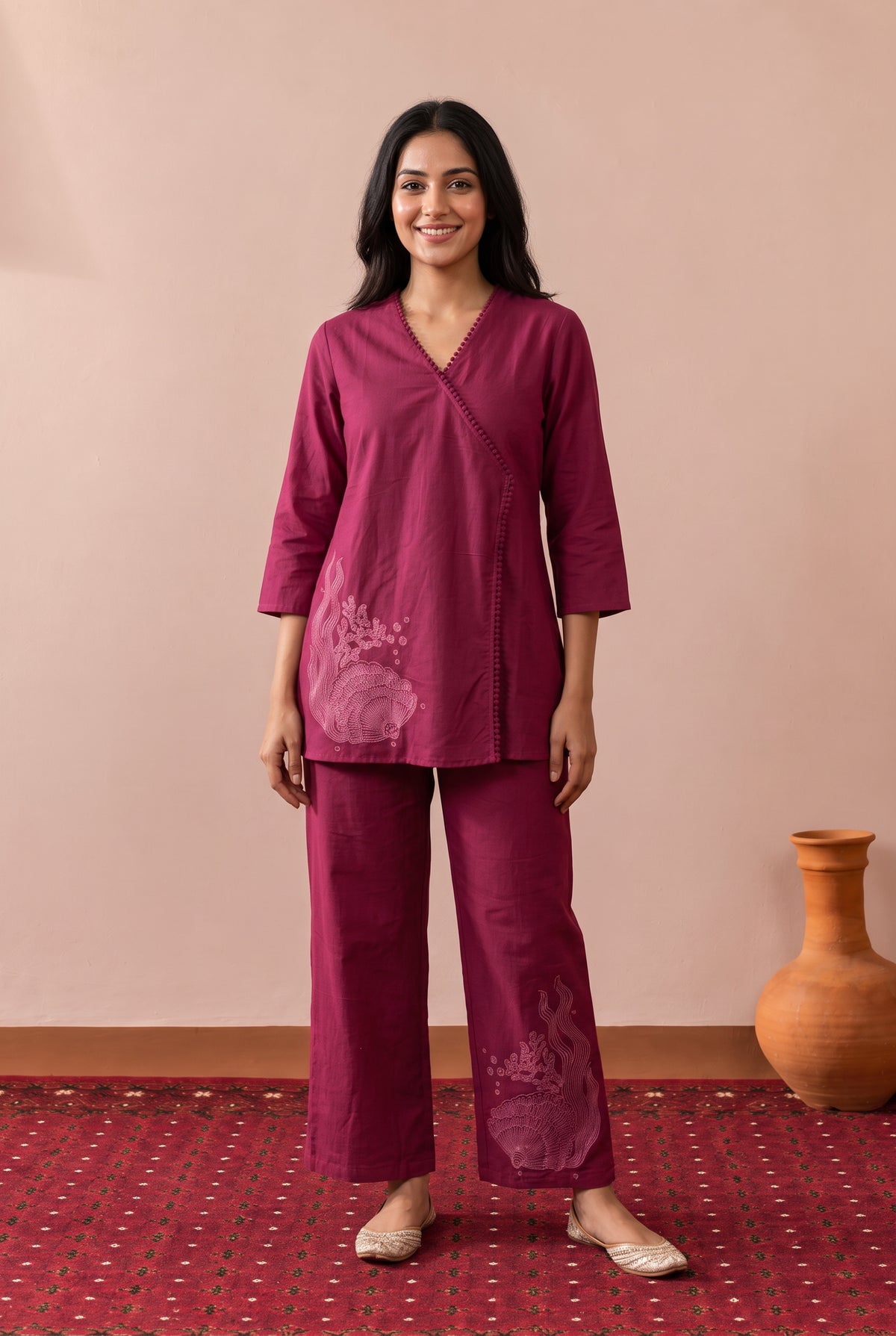 Maroon Muse Wrap-Style Embroidered Cotton Flex Co-ord Set