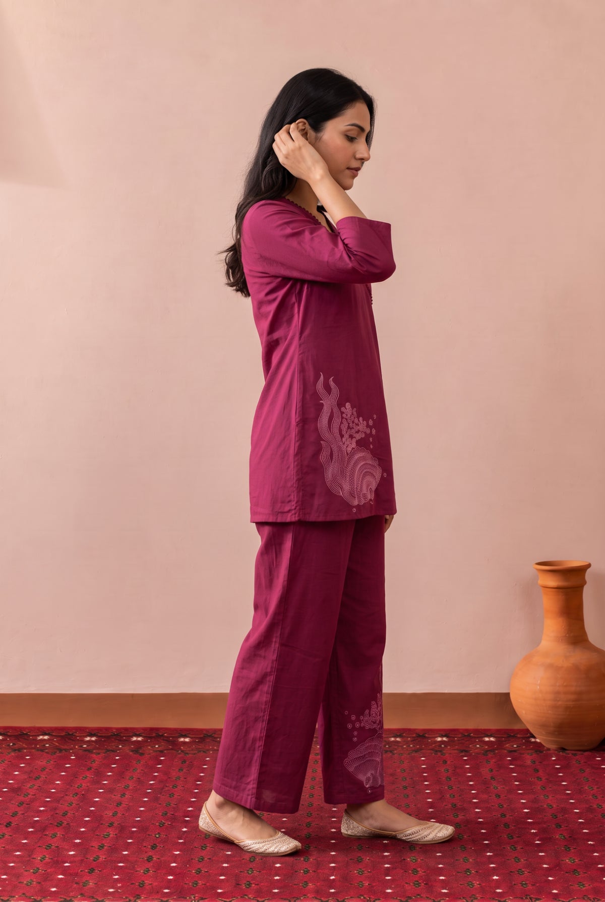 Maroon Muse Wrap-Style Embroidered Cotton Flex Co-ord Set