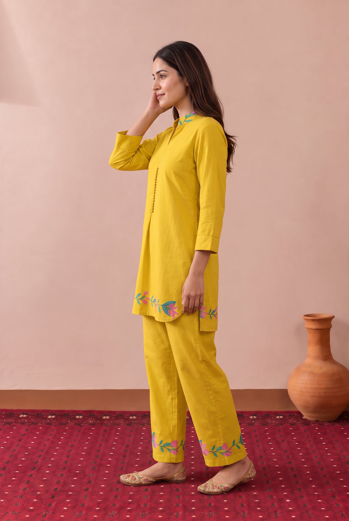 Mustard Botanical Border Printed Cotton Co-ord Set