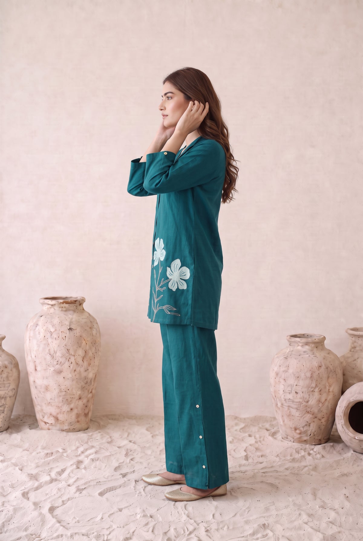 Teal Grace Floral Embroidered Cotton Flex Co-ord Set