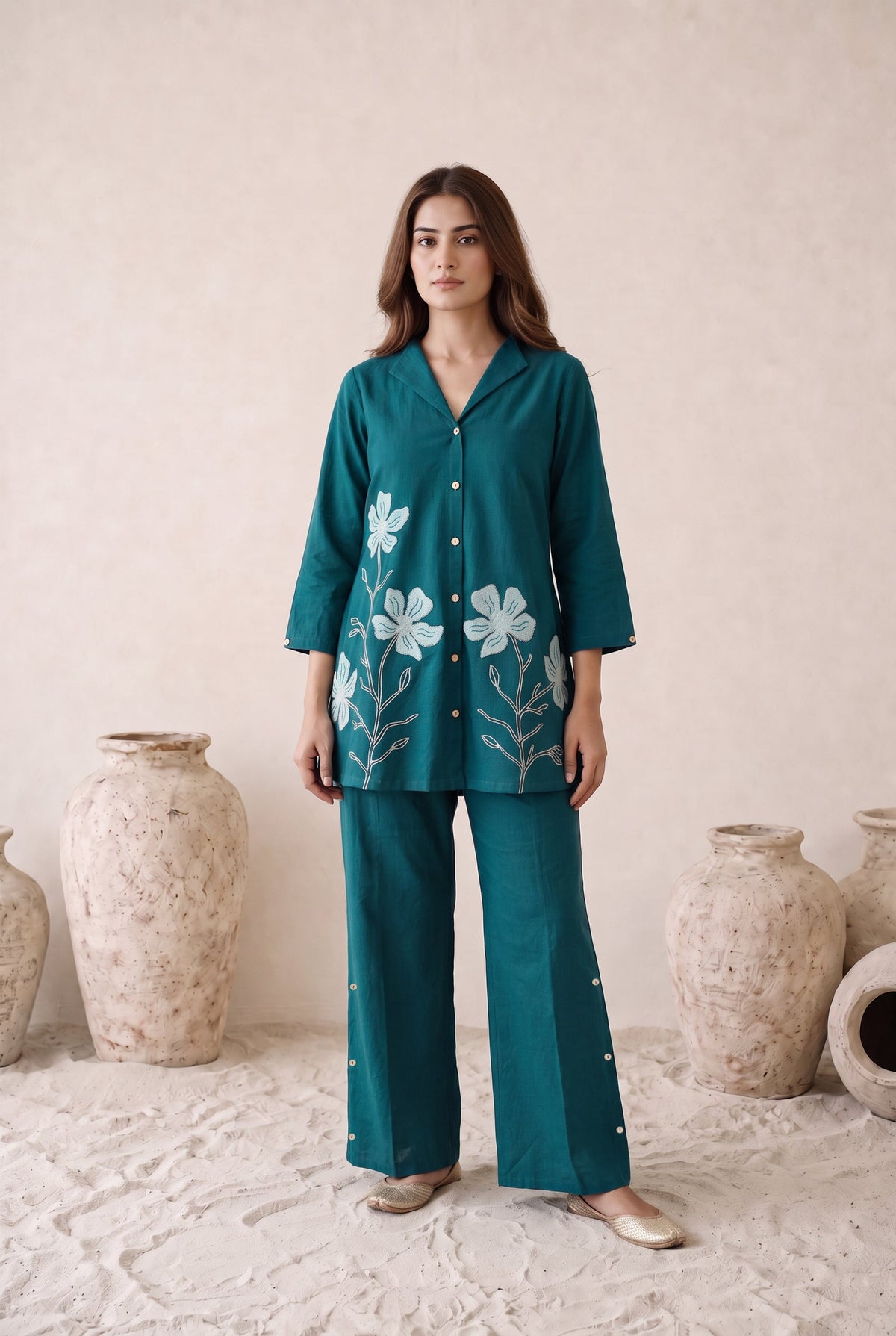 Teal Grace Floral Embroidered Cotton Flex Co-ord Set
