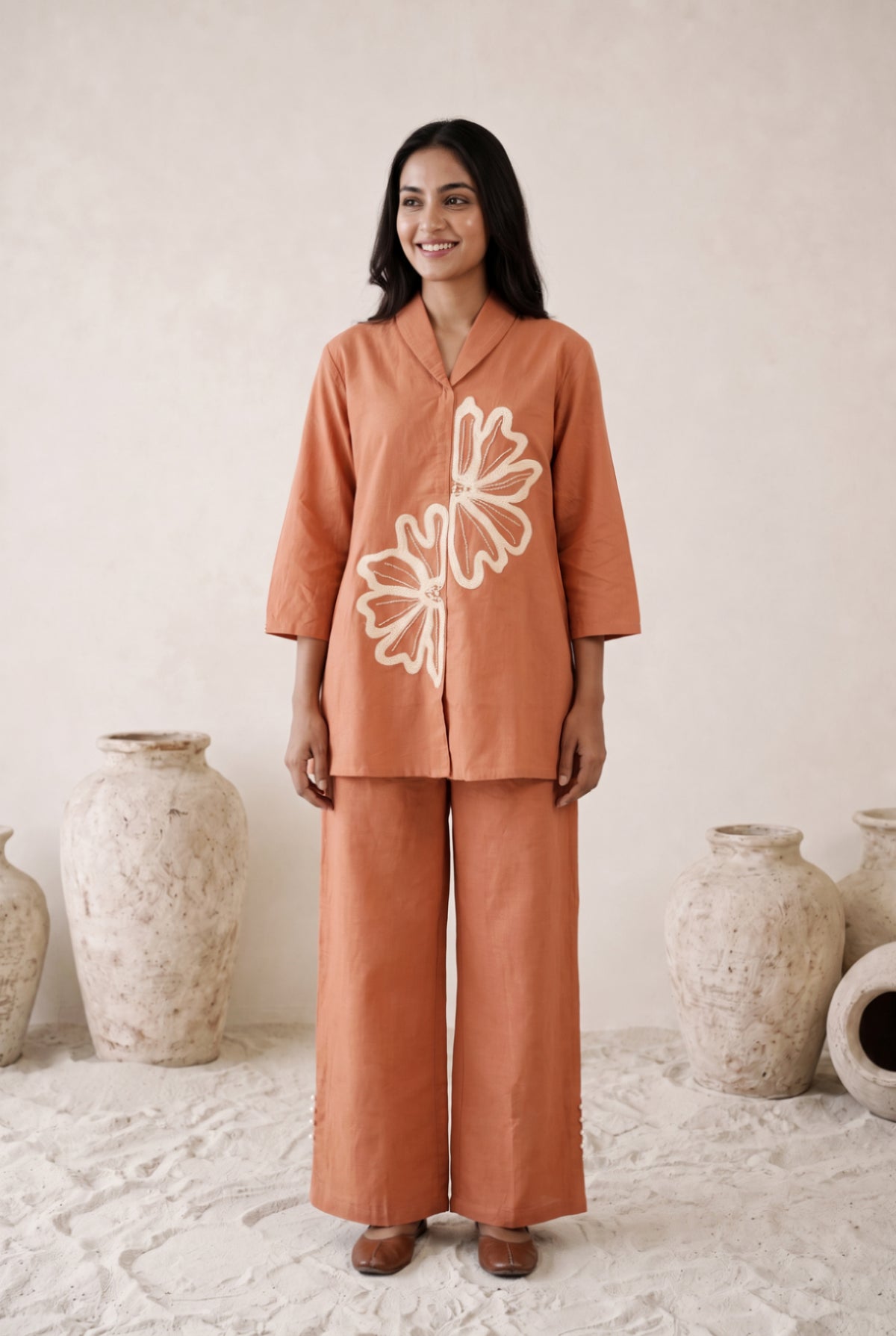 Peach Bloom Embroidered Cotton Co-ord Set