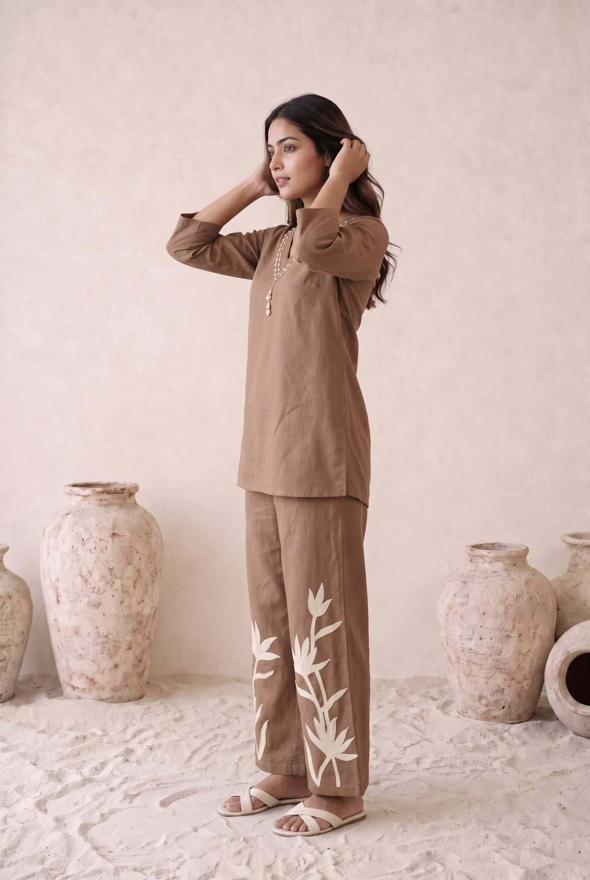 Mocha Botanical Embroidered Cotton Co-ord Set