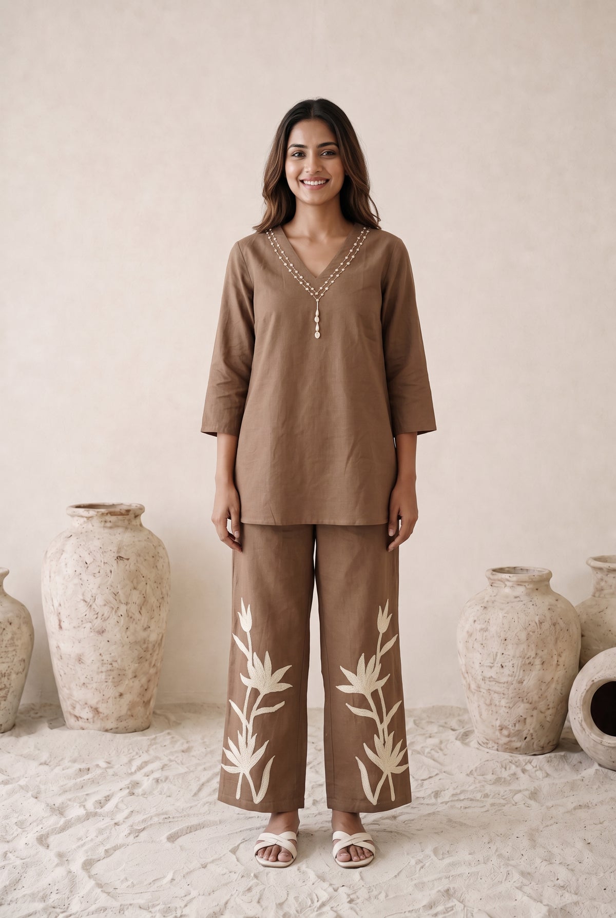 Mocha Botanical Embroidered Cotton Co-ord Set