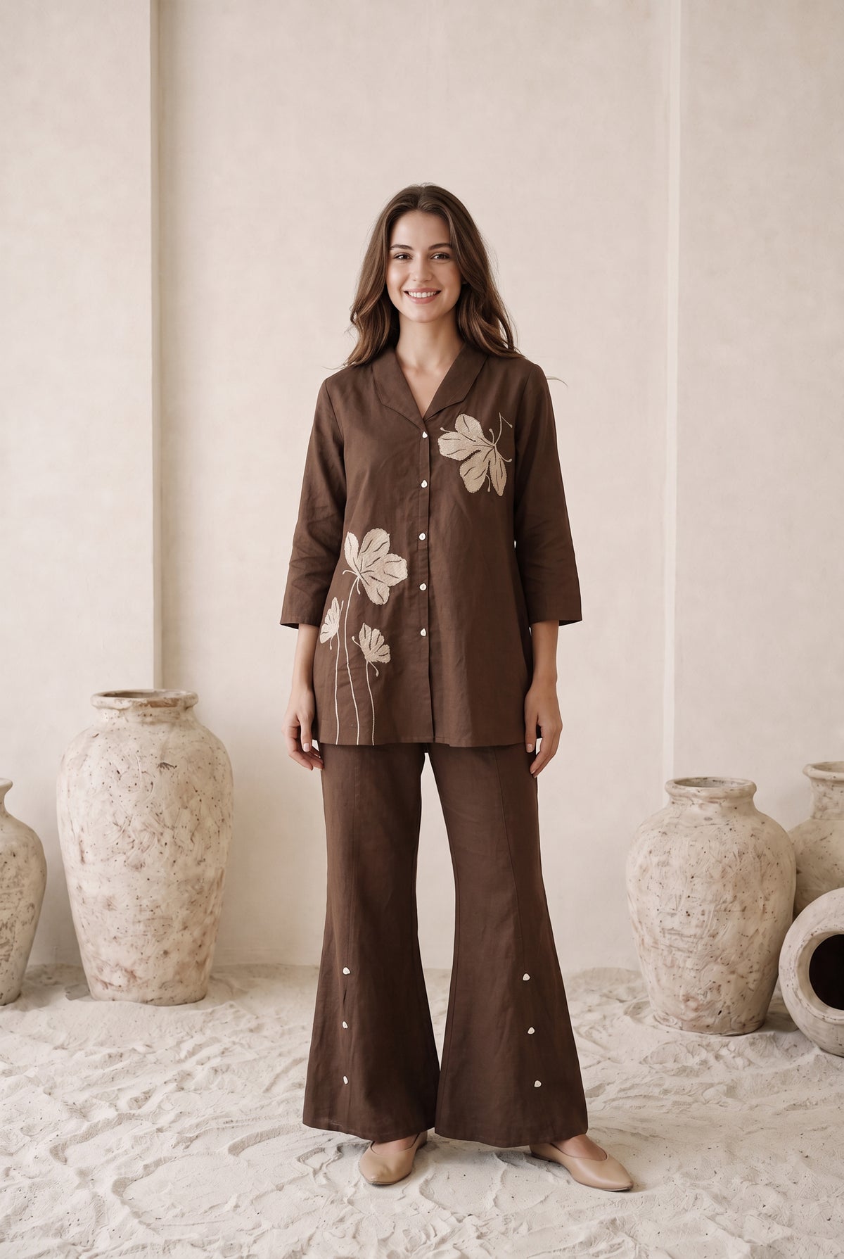 Brown Leaf Embroidered Cotton Co-ord Set