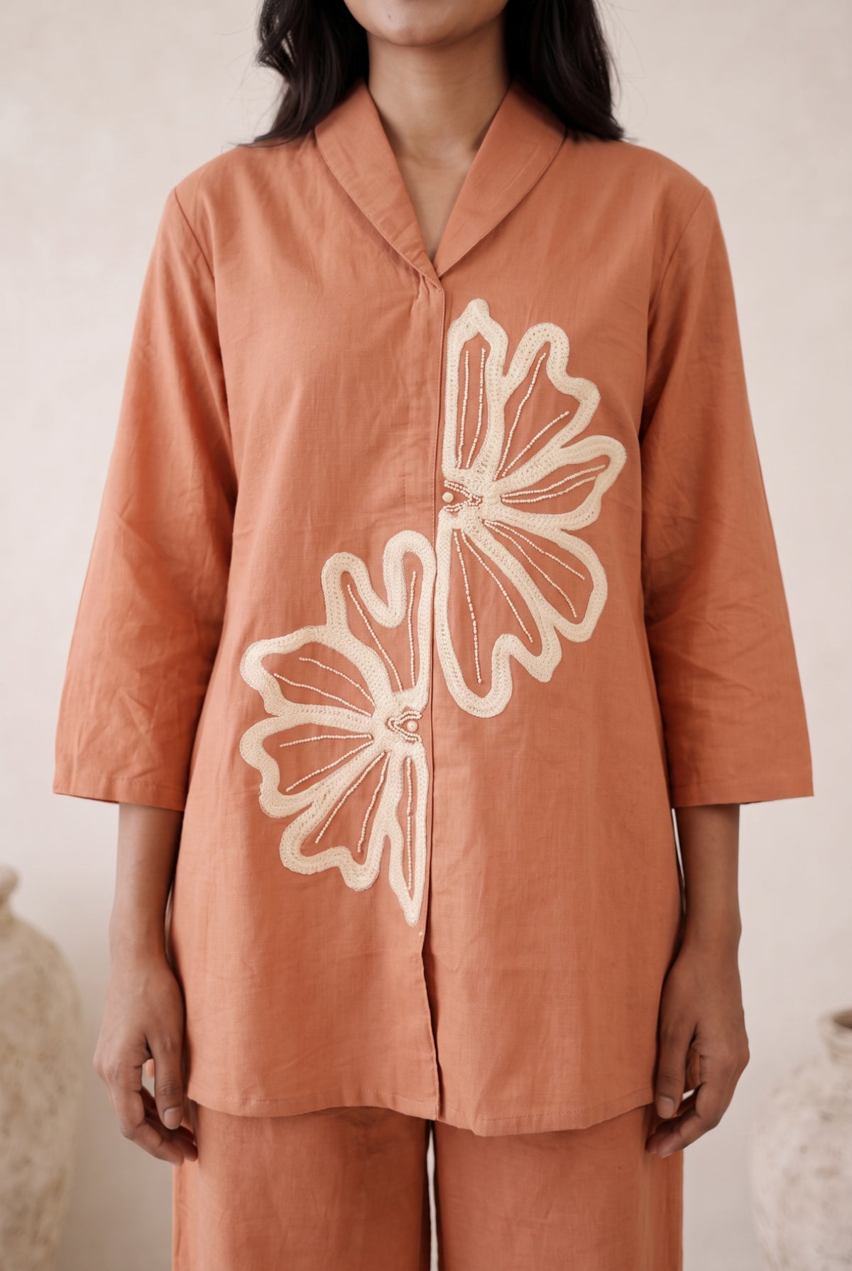 Peach Bloom Embroidered Cotton Co-ord Set