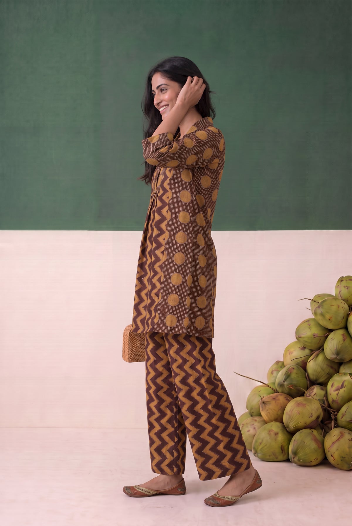 Brown Zigzag Chevron Printed Cotton Flex Co-ord Set
