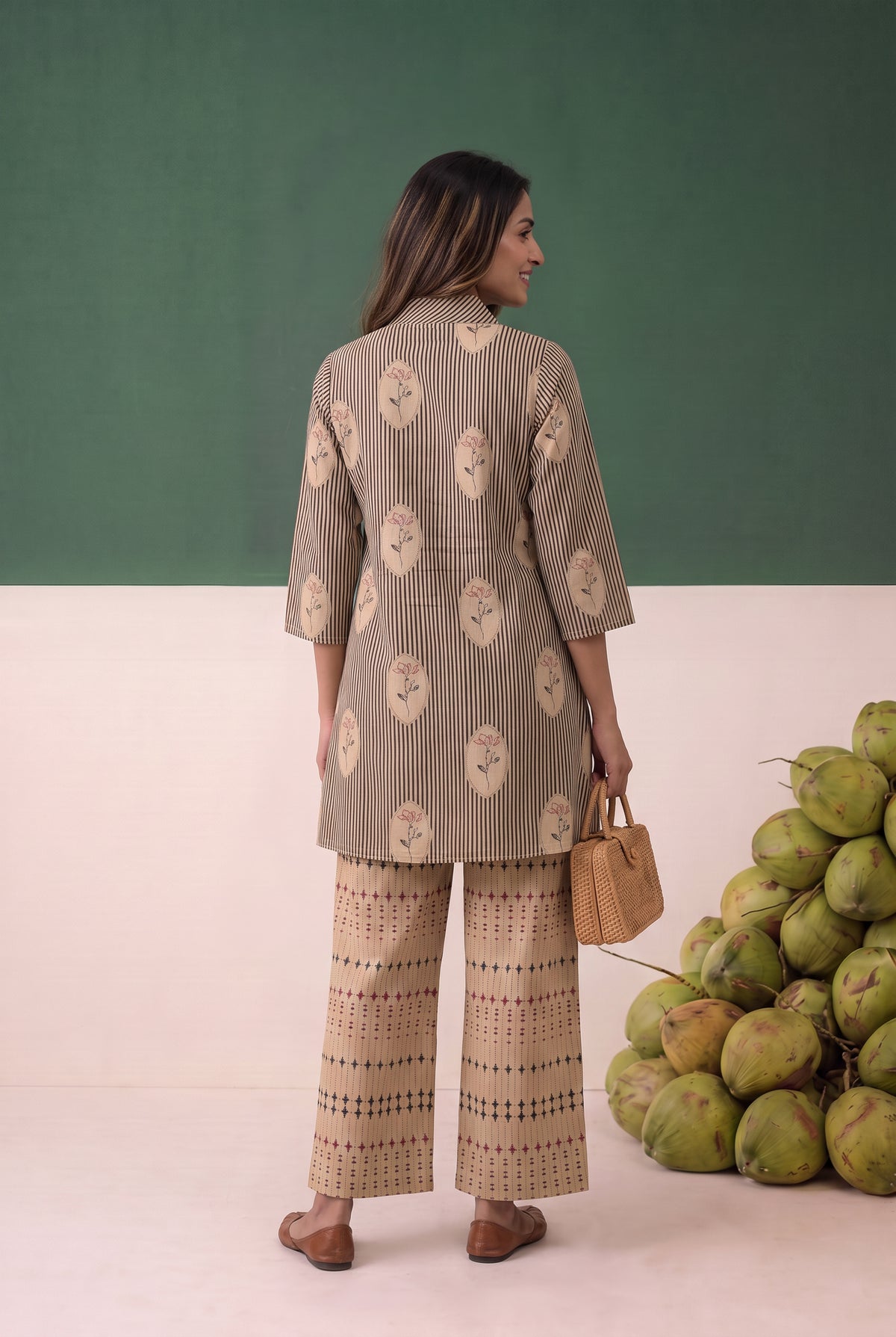 Beige Geometric Stripe Printed Cotton Co-ord Set