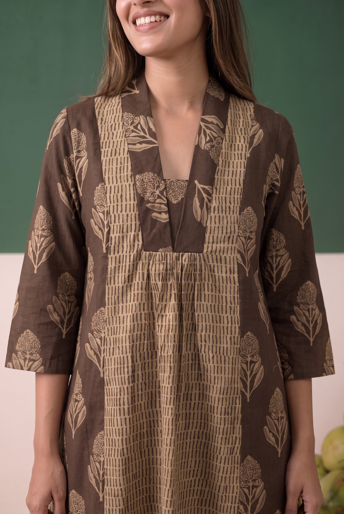 Brown Floral Printed Contrast Grid Panel Cotton Flex Co-ord Set