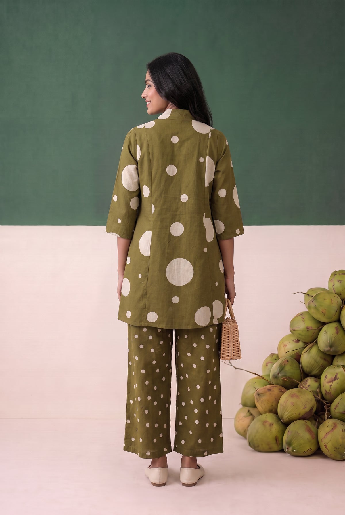Olive Green Artistic Dot Pattern Printed Cotton Flex Co-ord Set