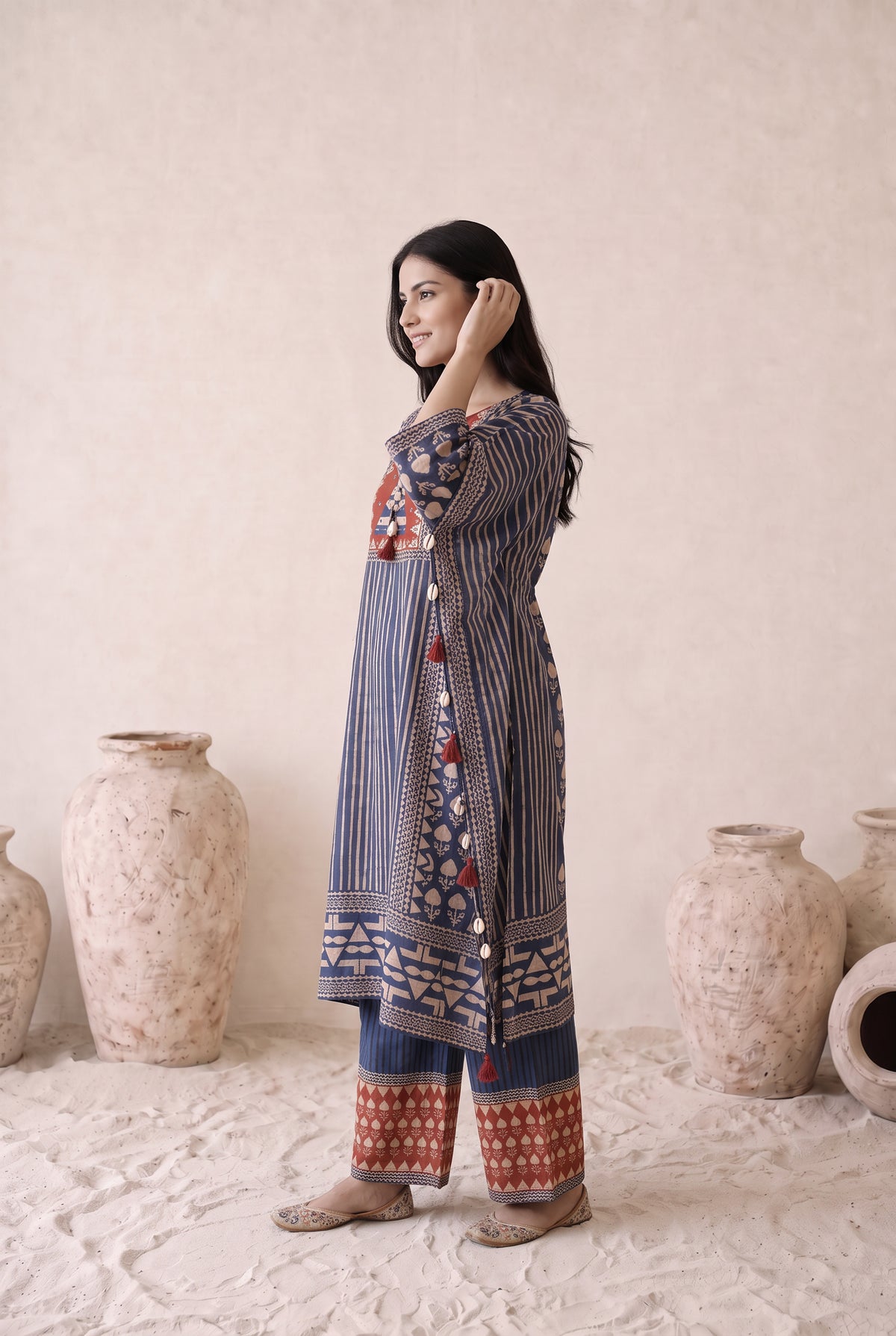 Zivara Blue & Rust Floral Printed Muslin Kaftan Set