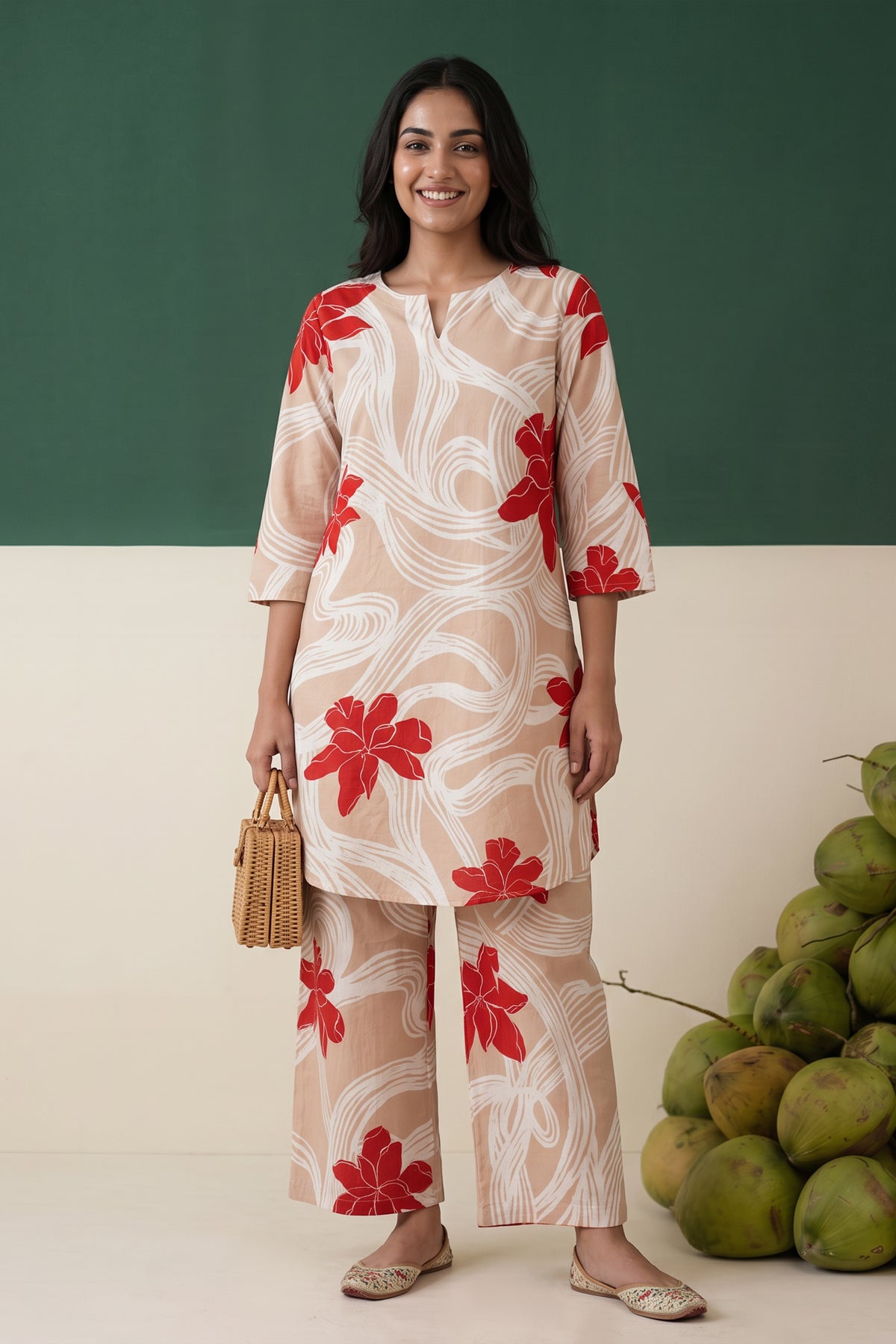 Beige Red Floral Printed Cotton Co-ord Set