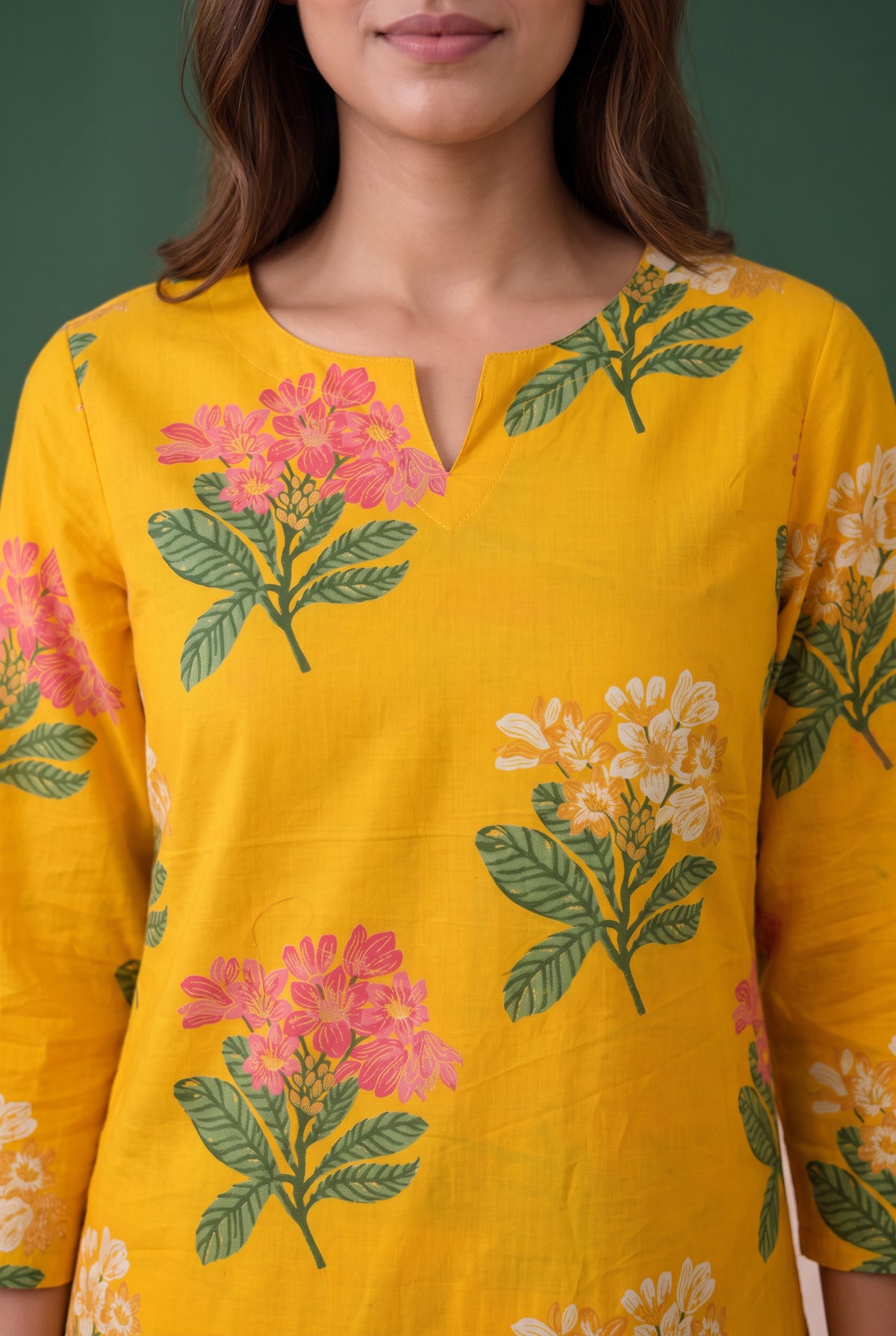 Yellow Floral and Leaf Printed Cotton Co-ord Set
