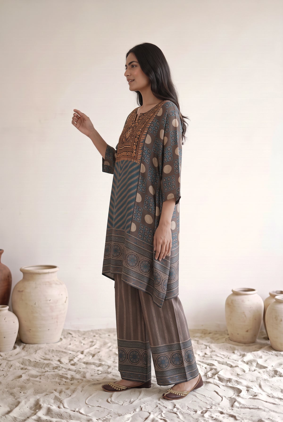 Aavya Teal & Brown Floral Printed Muslin Kaftan Set