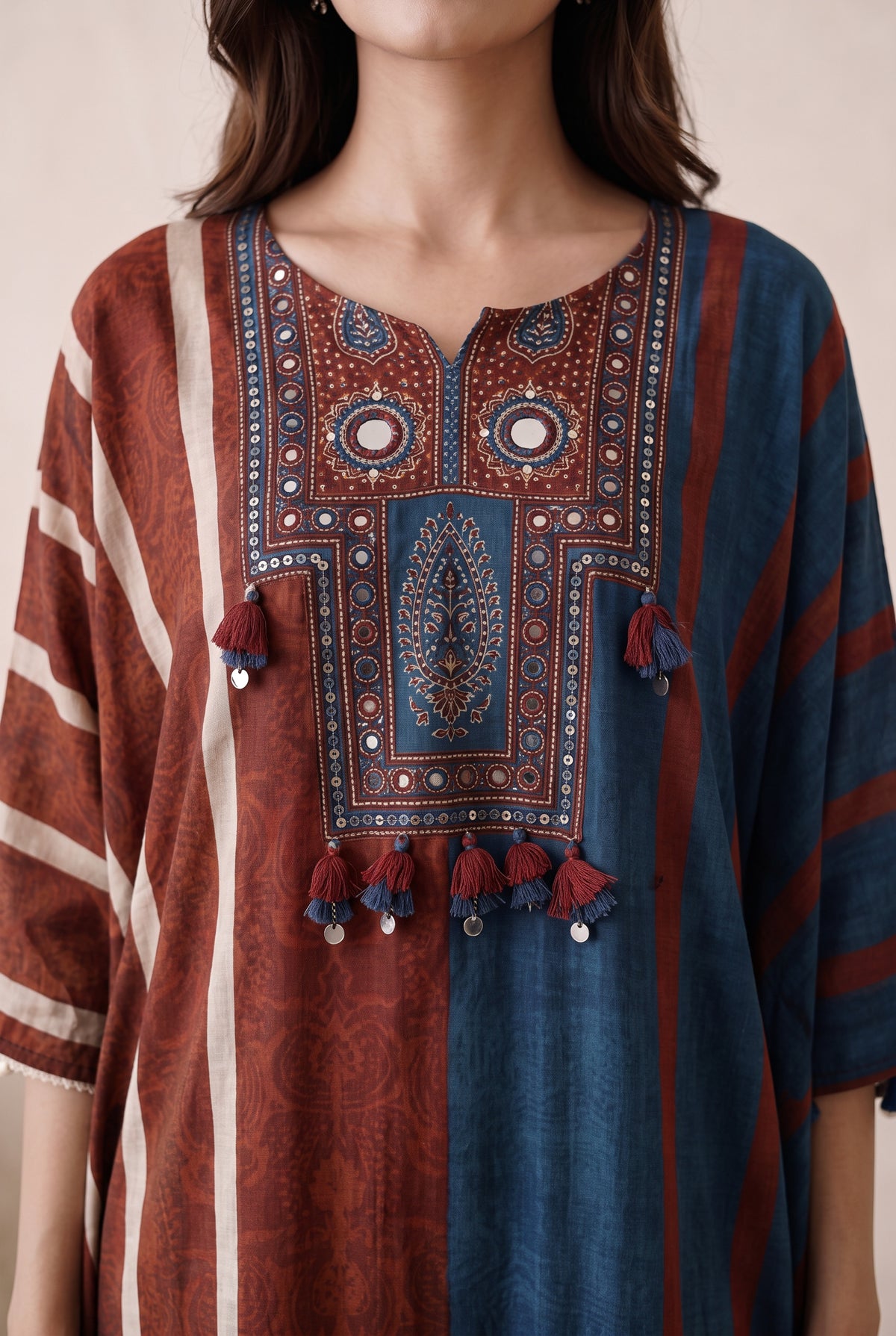 Aarvi Rust & Blue Floral Printed Muslin Kaftan Set