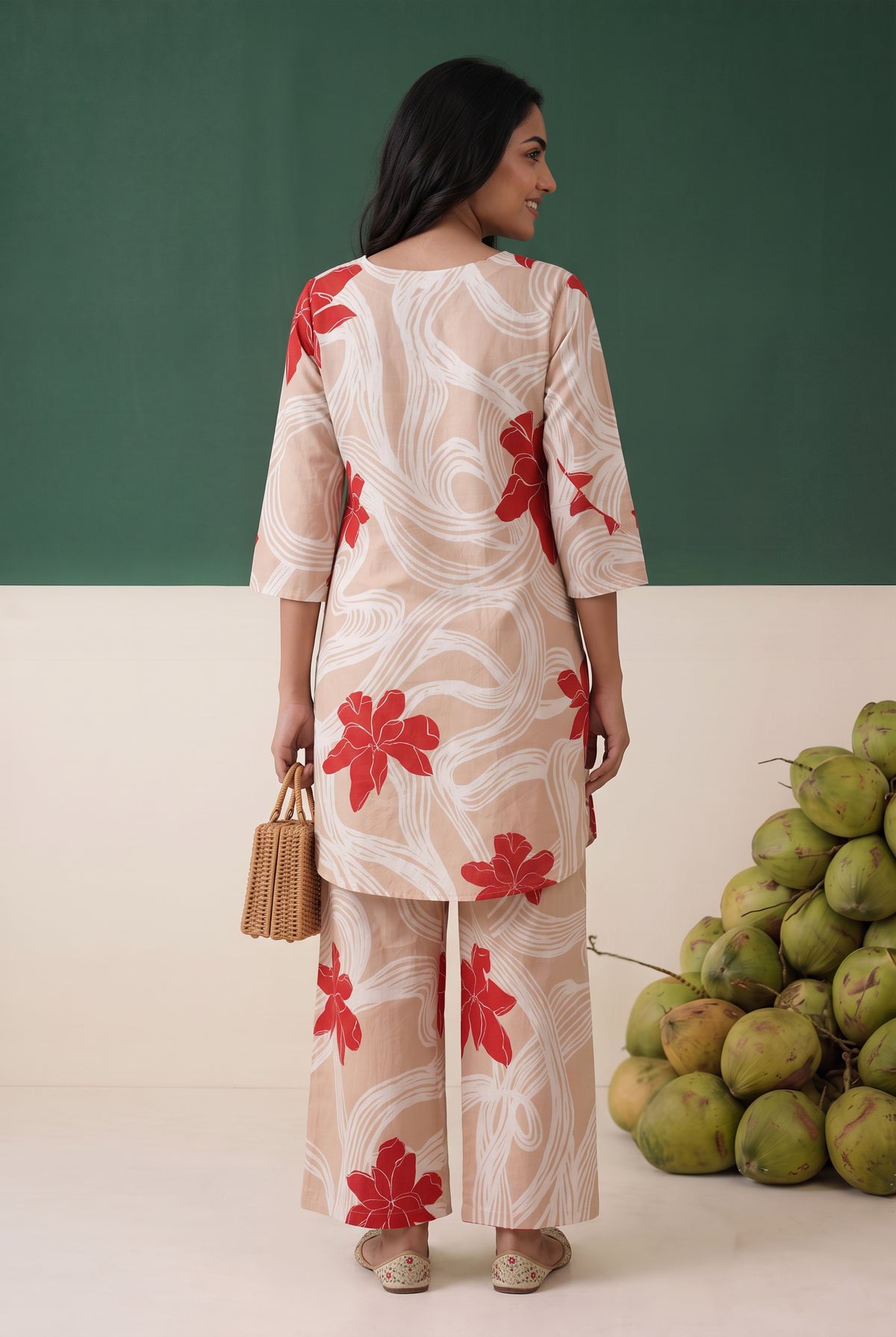 Beige Red Floral Printed Cotton Co-ord Set