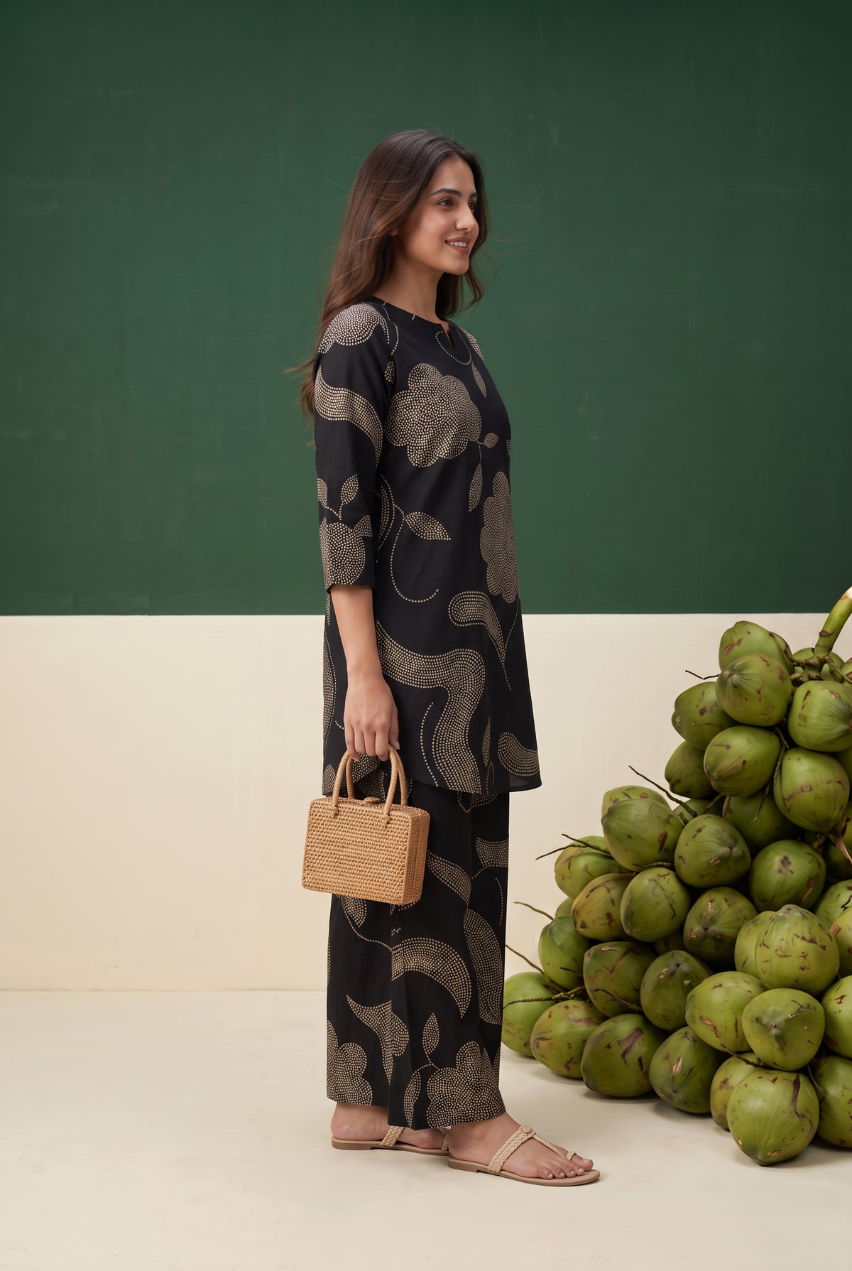 Black Floral and Leaf Printed Cotton Co-ord Set
