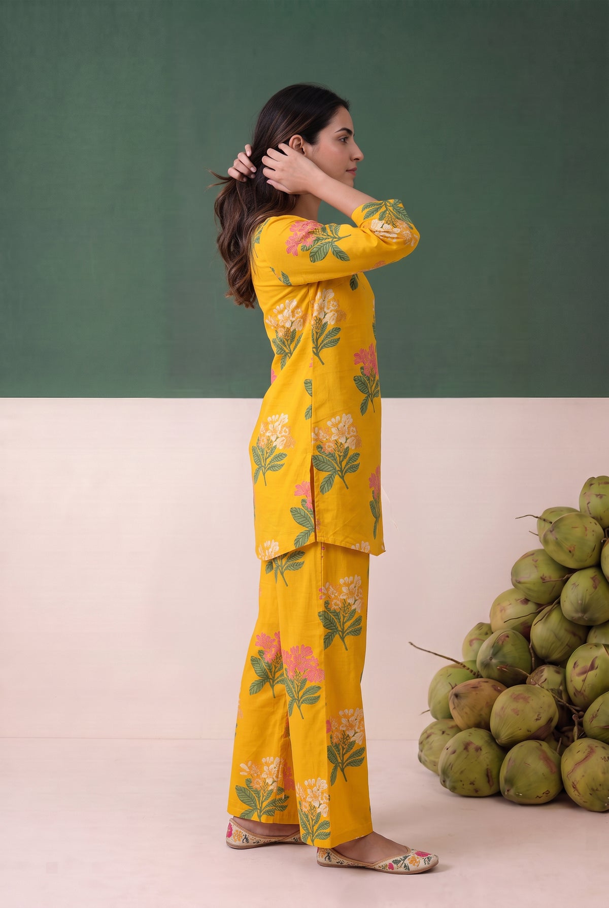 Yellow Floral and Leaf Printed Cotton Co-ord Set