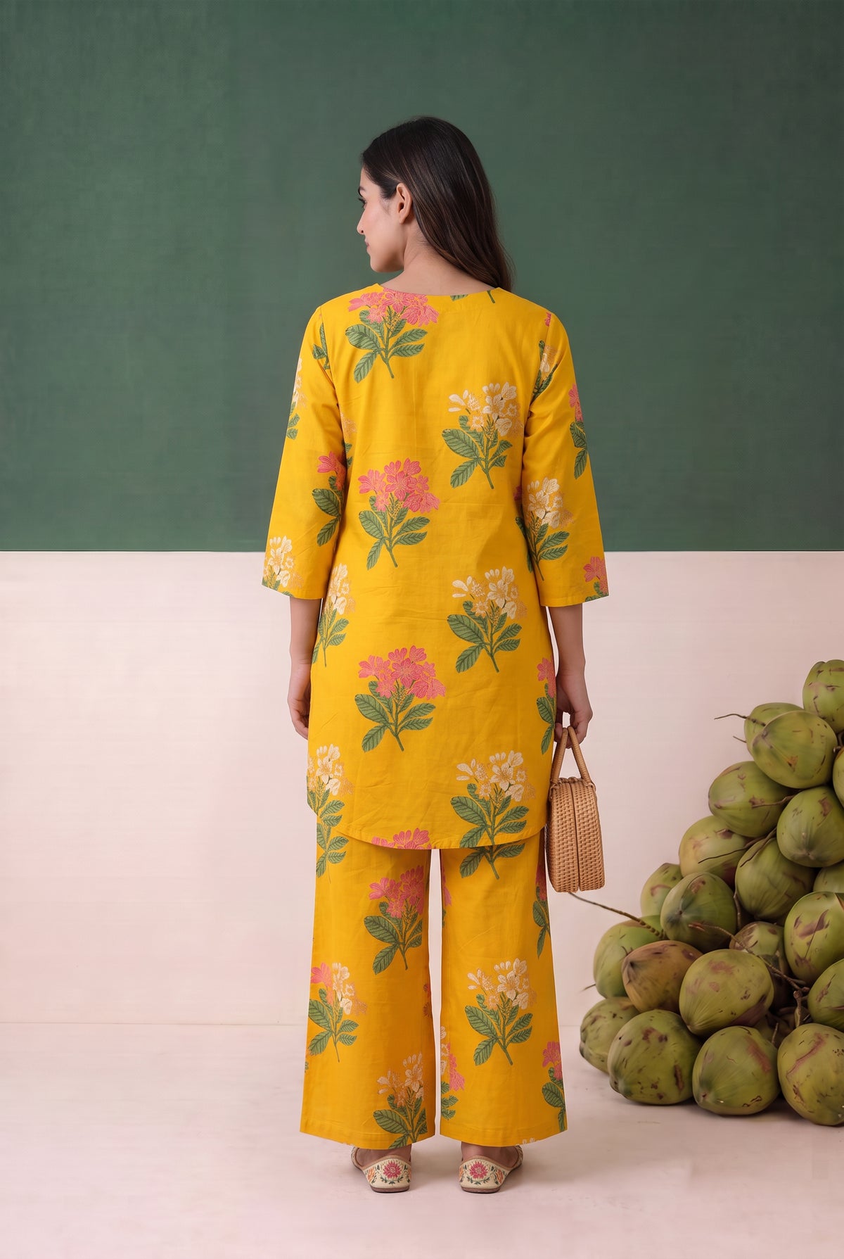 Yellow Floral and Leaf Printed Cotton Co-ord Set