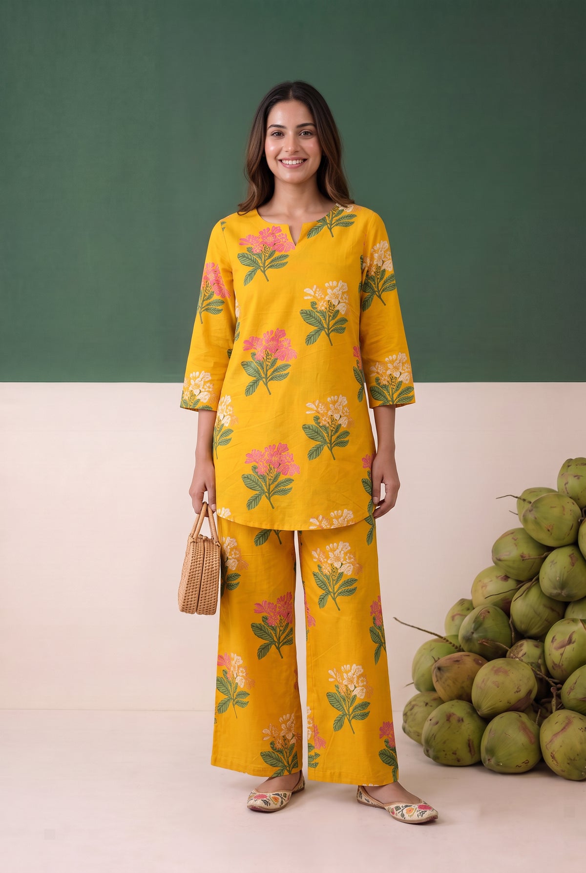 Yellow Floral and Leaf Printed Cotton Co-ord Set