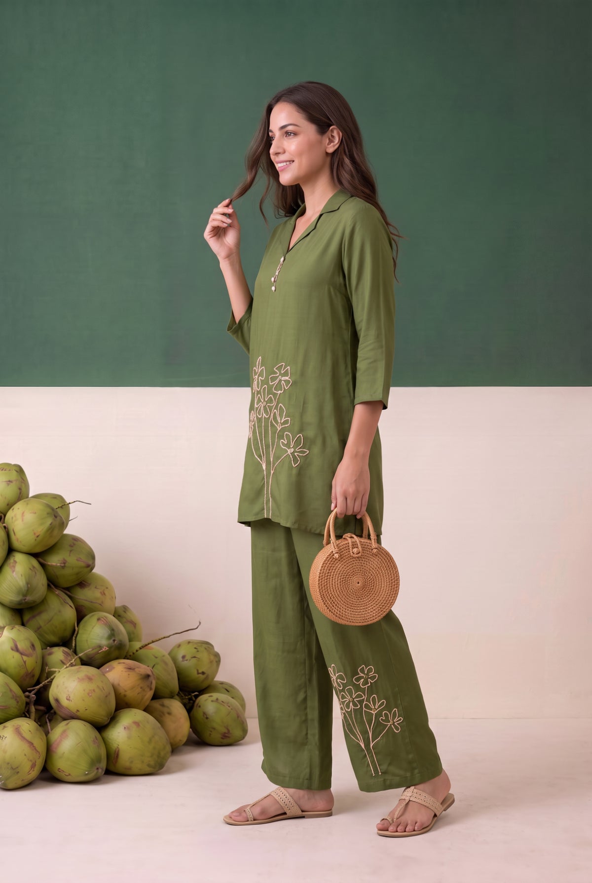 Green Artistic Floral Embroidered Muslin Co-ord Set